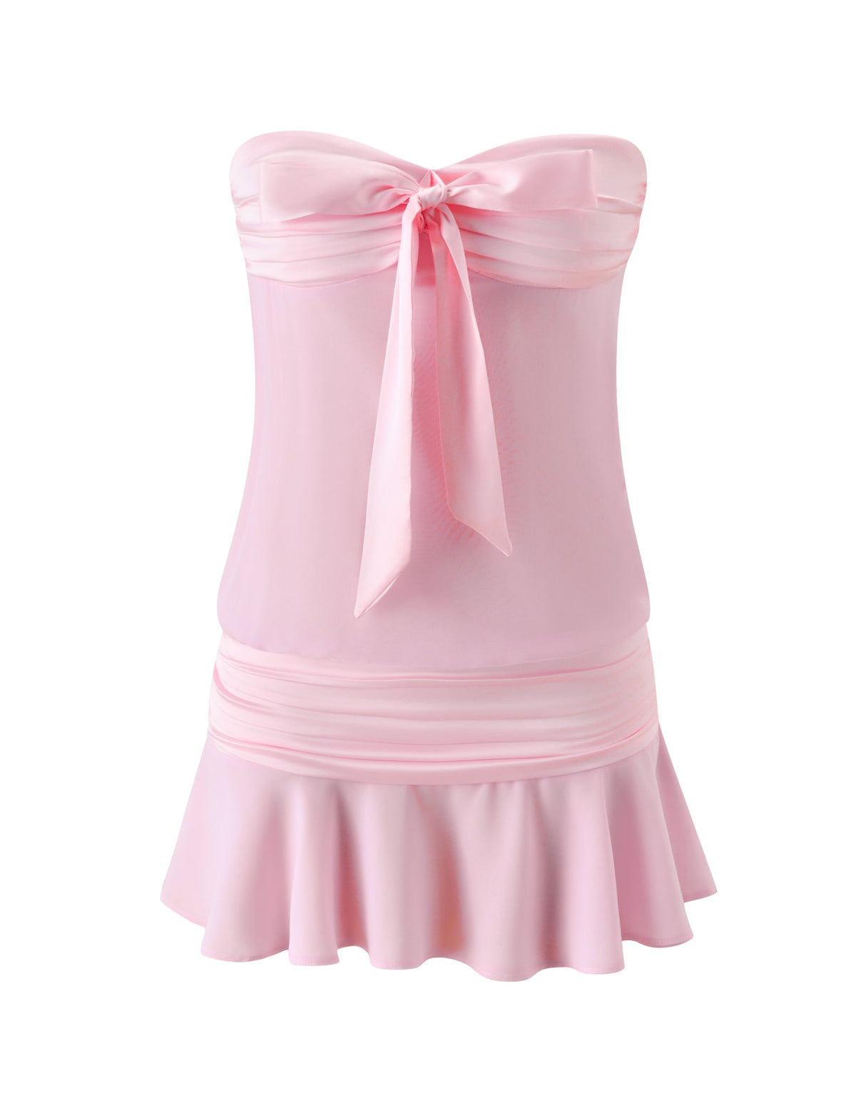 The LUX MINI DRESS - BALLET PINK by TIGERMIST is a strapless light pink satin mini with a chest bow, fitted waist, and flared skirt—perfect for a girls’ night out.