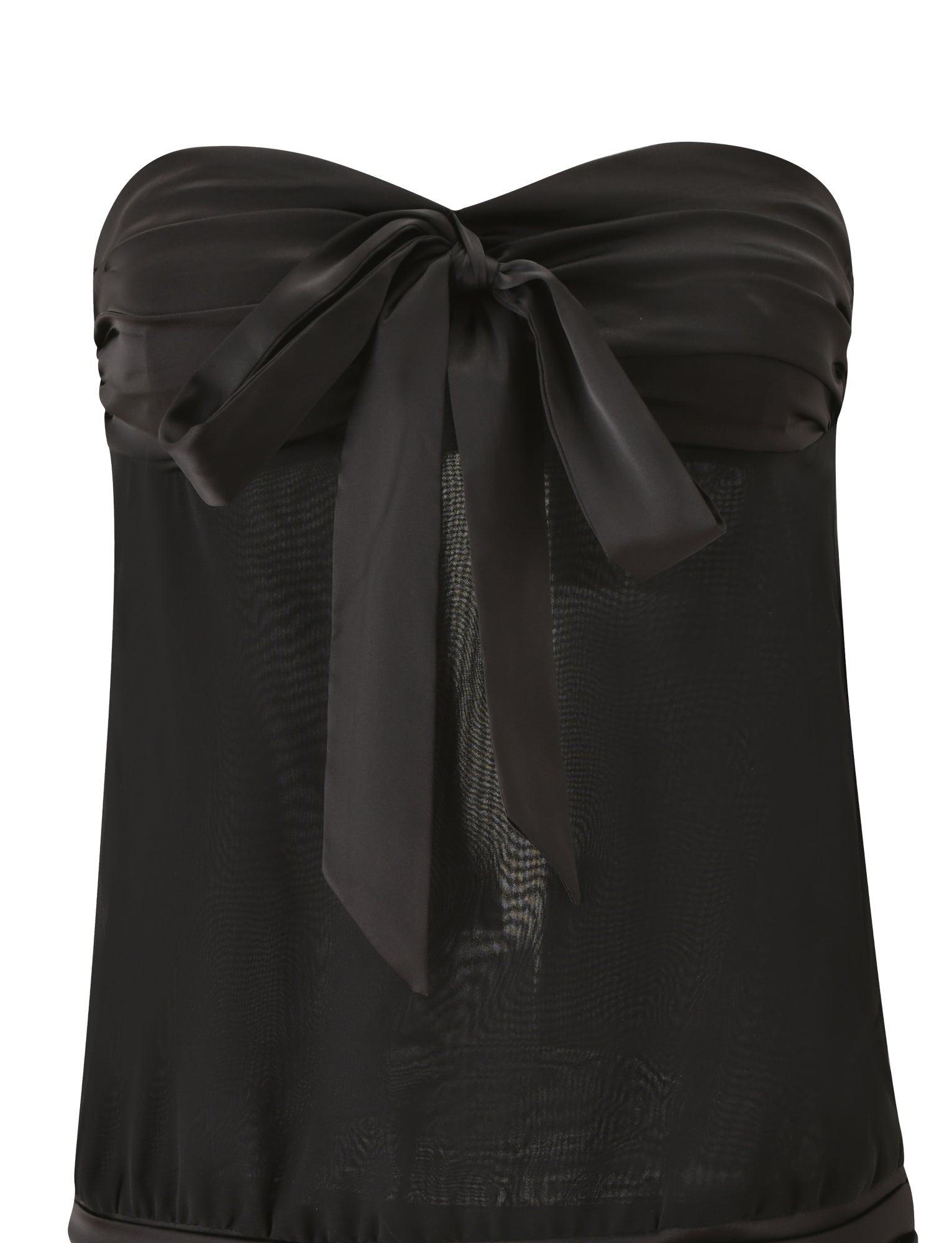 Introducing the LUX MINI DRESS - BLACK by TIGERMIST: a strapless mini dress featuring a sheer mesh bodice and a satin bow tied at the front center of the bust, beautifully capturing the timeless elegance of a little black dress with its sophisticated strapless neckline.
