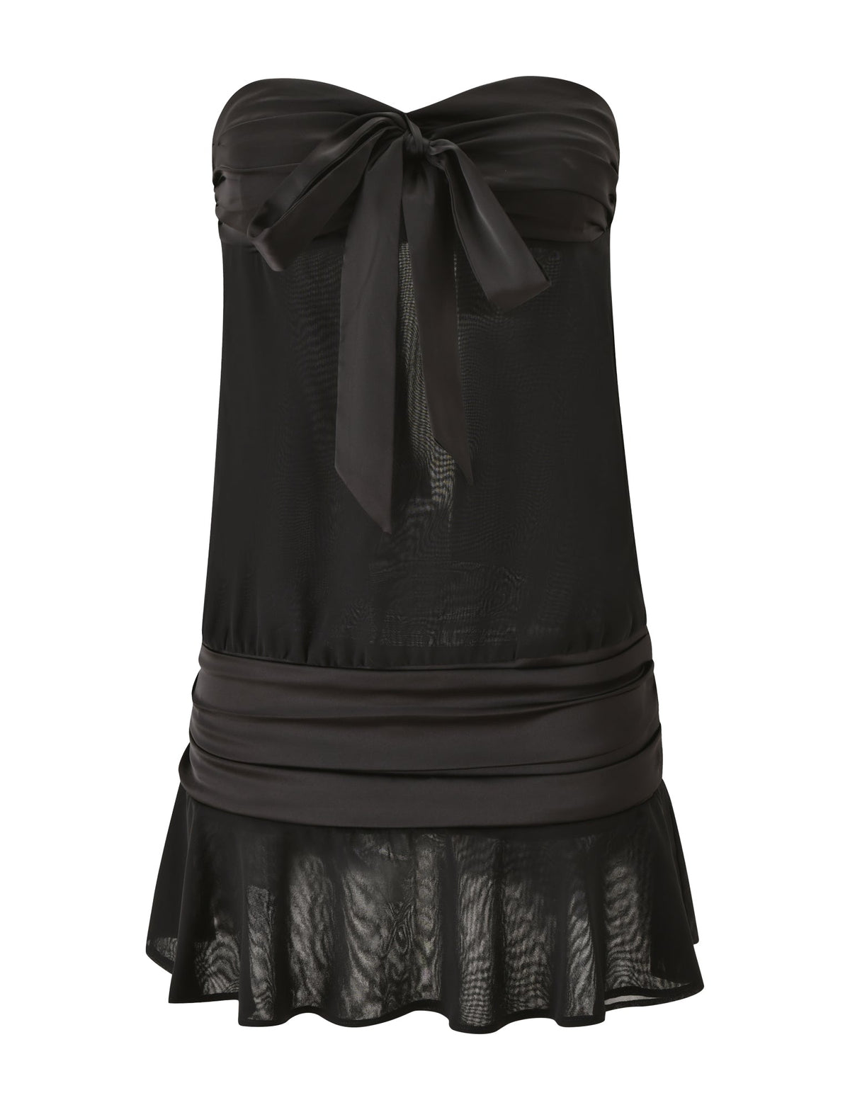 The LUX MINI DRESS by TIGERMIST is a strapless black mini dress featuring a chic bow at the bust, sheer fabric, ruched waist detailing, and a ruffled hem—perfect for styling as your go-to little black dress.