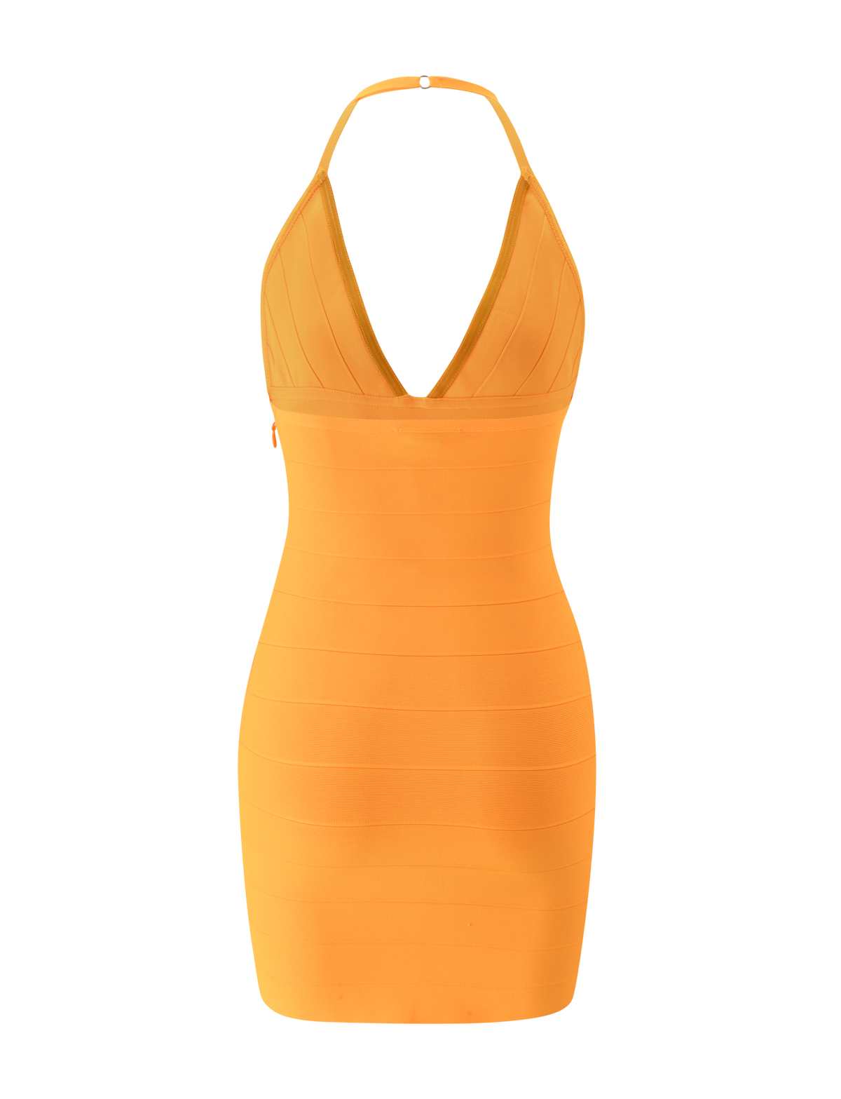 The NYX BANDAGE MINI DRESS - NEON MANGO by TIGERMIST is a sleeveless, bright orange halter-neck bodycon mini dress featuring a deep V-neckline, a fitted bodice, and horizontal panel detailing, displayed against a plain white background.