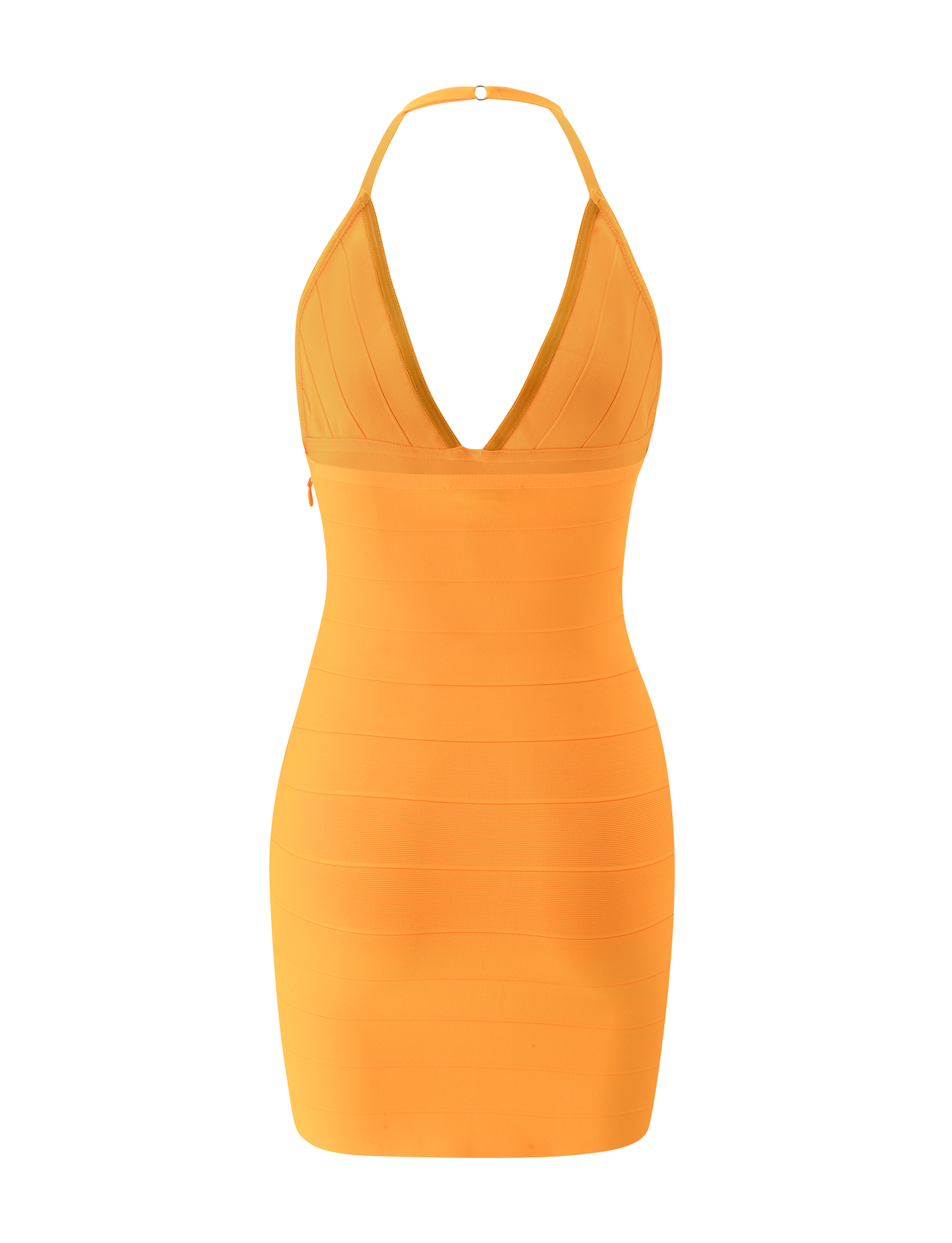 The NYX MINI BANDAGE DRESS by TIGERMIST in Neon Mango features a halter neck, deep V neckline, sleeveless fitted design, and is shown on a plain white background.
