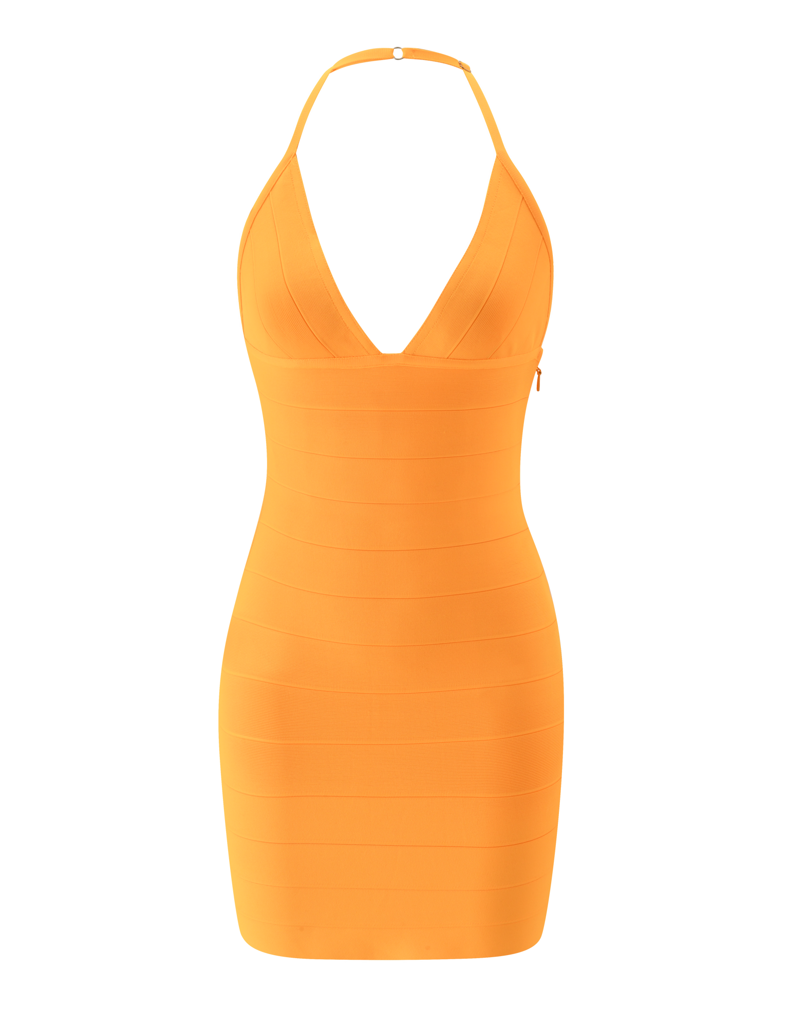 The TIGERMIST NYX MINI BANDAGE DRESS in Neon Mango is a sleeveless, form-fitting halter neck mini dress with a deep V-neckline and horizontal panel detailing, shown on a plain white background.