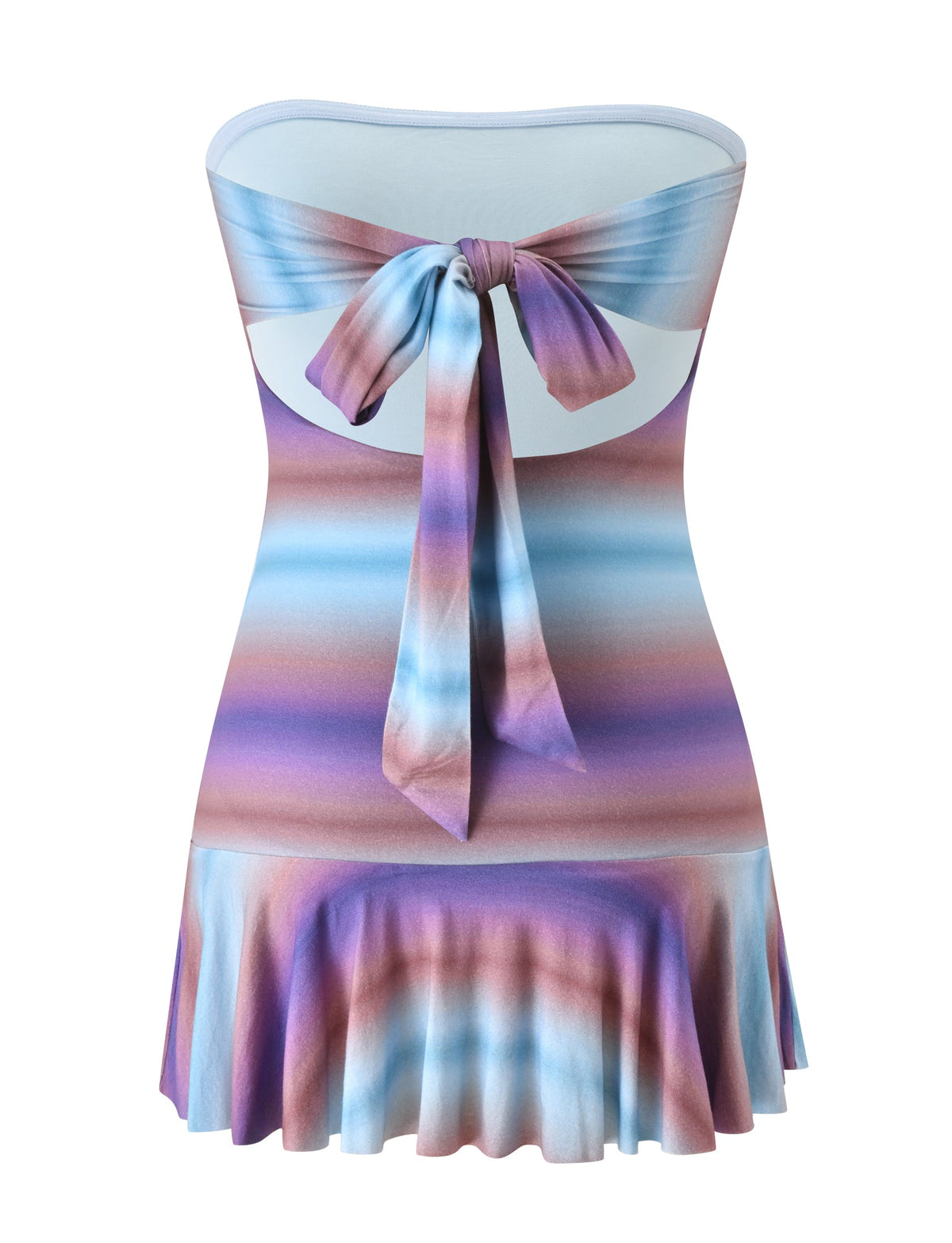 The MIRRAN MINI DRESS - MERMAID OMBRE STRIPE by TIGERMIST is a strapless mini dress with pastel horizontal stripes in purple, blue, and pink tones. It features a back cutout with a large tied bow and a flared, ruffled hem—perfect for your next island escape.