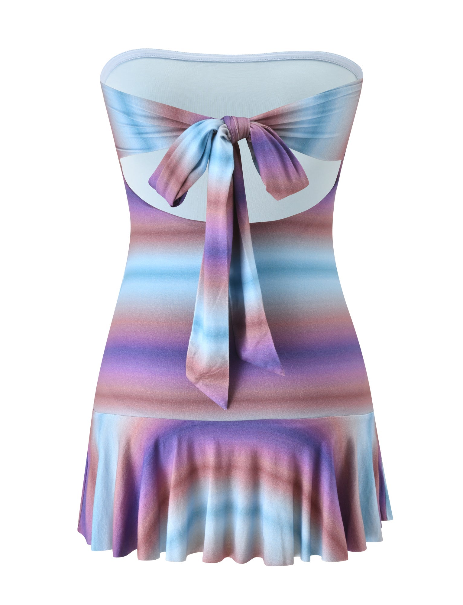 The MIRRAN MINI DRESS - MERMAID OMBRE STRIPE by TIGERMIST is a strapless mini dress with pastel horizontal stripes in purple, blue, and pink tones. It features a back cutout with a large tied bow and a flared, ruffled hem—perfect for your next island escape.