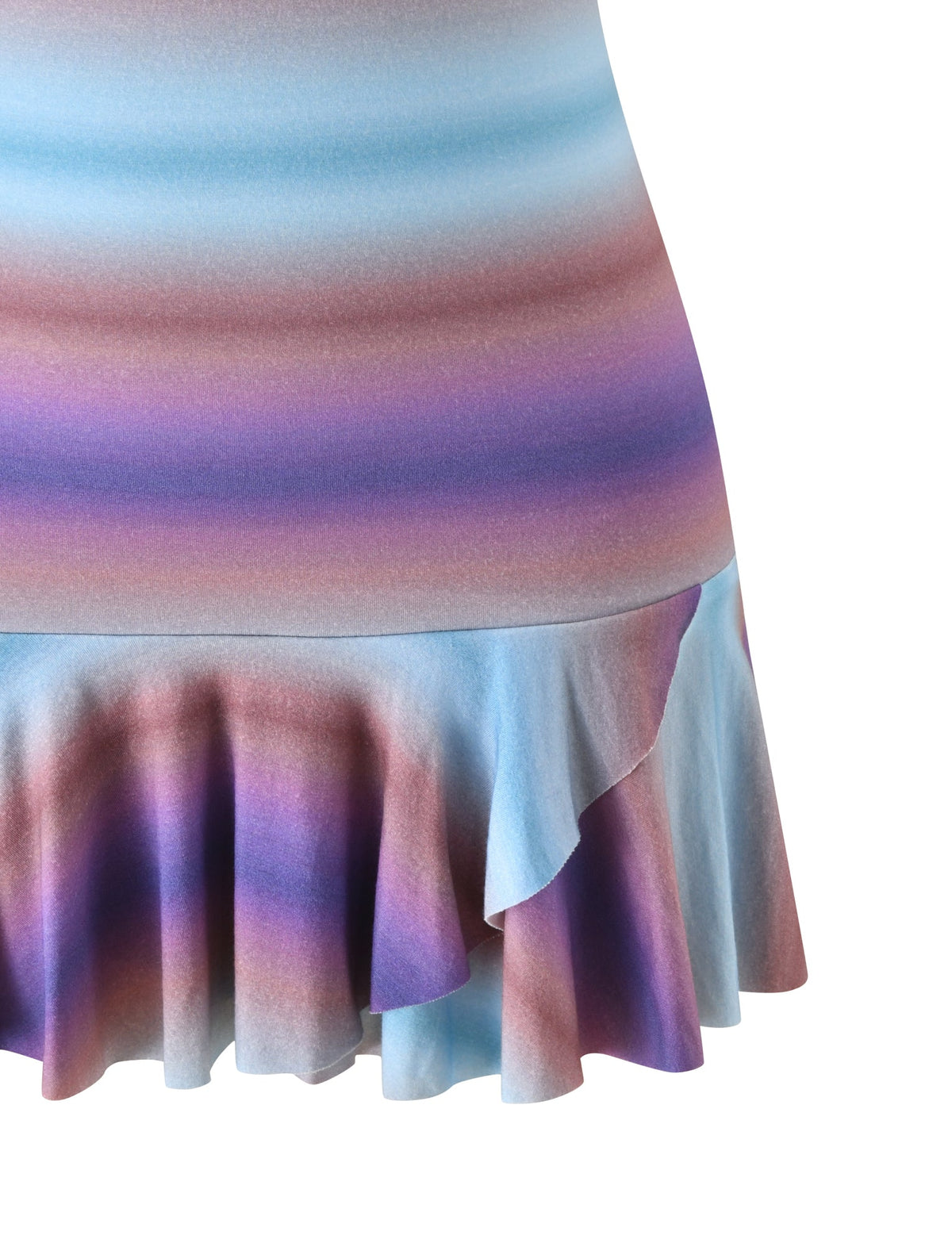 A close-up of the MIRRAN MINI DRESS - MERMAID OMBRE STRIPE by TIGERMIST, showcasing horizontal pastel stripes in blue, purple, and pink shades and a ruffled hem.