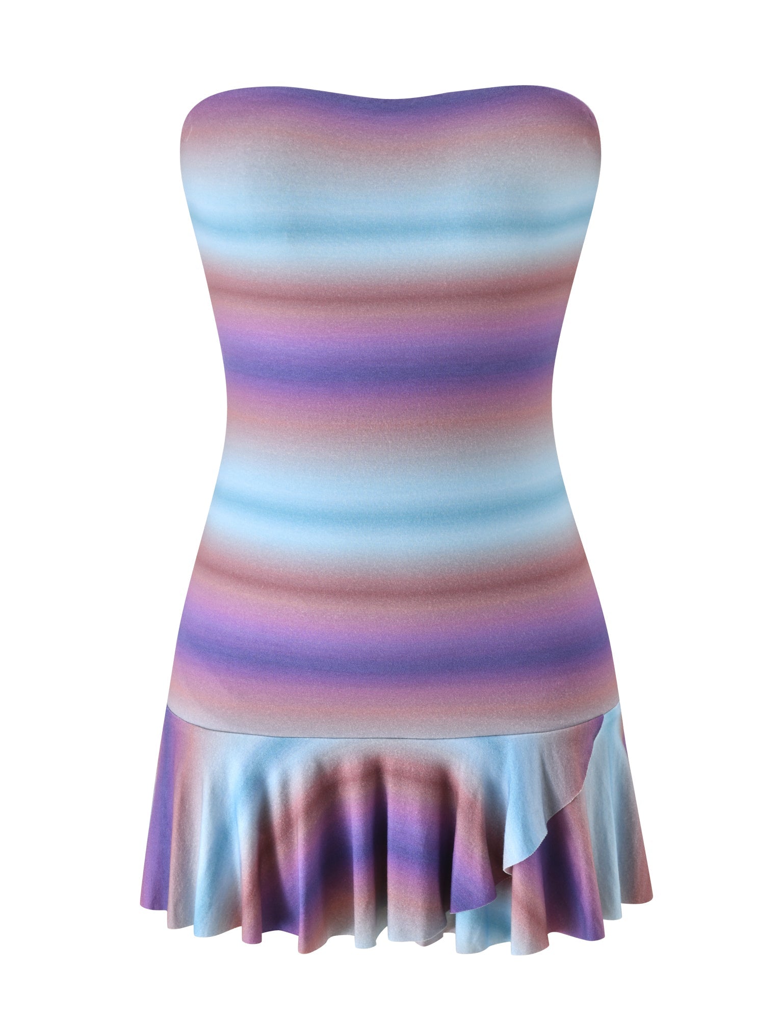 Step into sunny getaways with the MIRRAN MINI DRESS - MERMAID OMBRE STRIPE from TIGERMIST, a strapless mini dress showcasing blue, purple, and brown horizontal stripes. Its fitted bodice transitions into a flared, asymmetrical skirt with playful waves, making it the perfect island escape look.