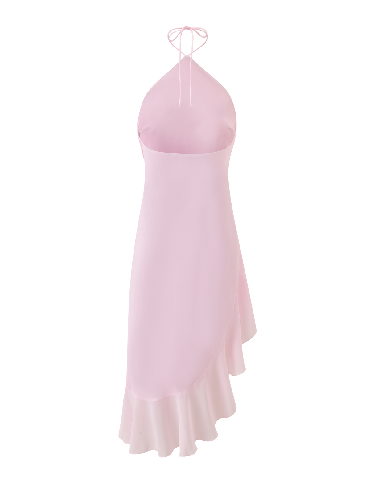 The TIGERMIST ELARINA MIDI DRESS in pink features a sleeveless halter neck, fitted bodice, and an asymmetrical ruffled hem, shown on a white background.