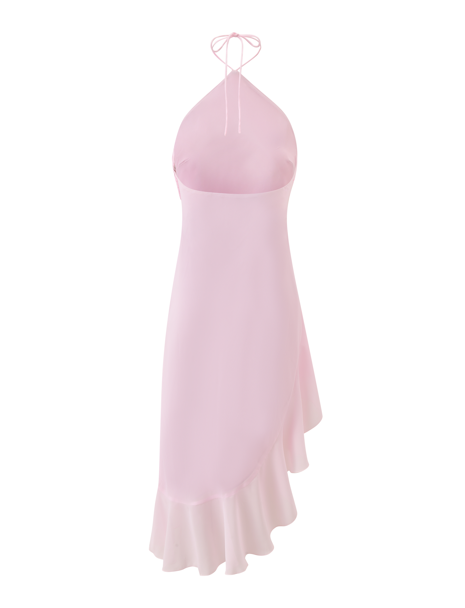 The TIGERMIST ELARINA MIDI DRESS in pink features a sleeveless halter neck, fitted bodice, and an asymmetrical ruffled hem, shown on a white background.