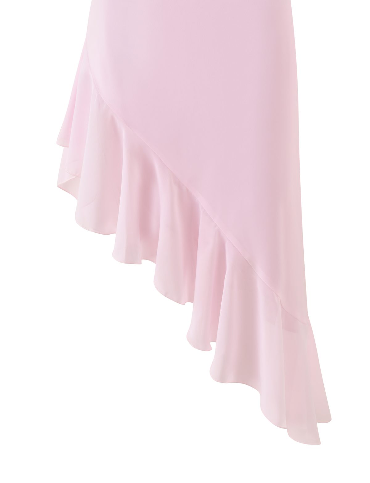 A close-up of the ELARINA MIDI DRESS by TIGERMIST, featuring a light pink hue, asymmetrical hemline, ruffled edge, and crafted from lightweight, semi-sheer fabric.