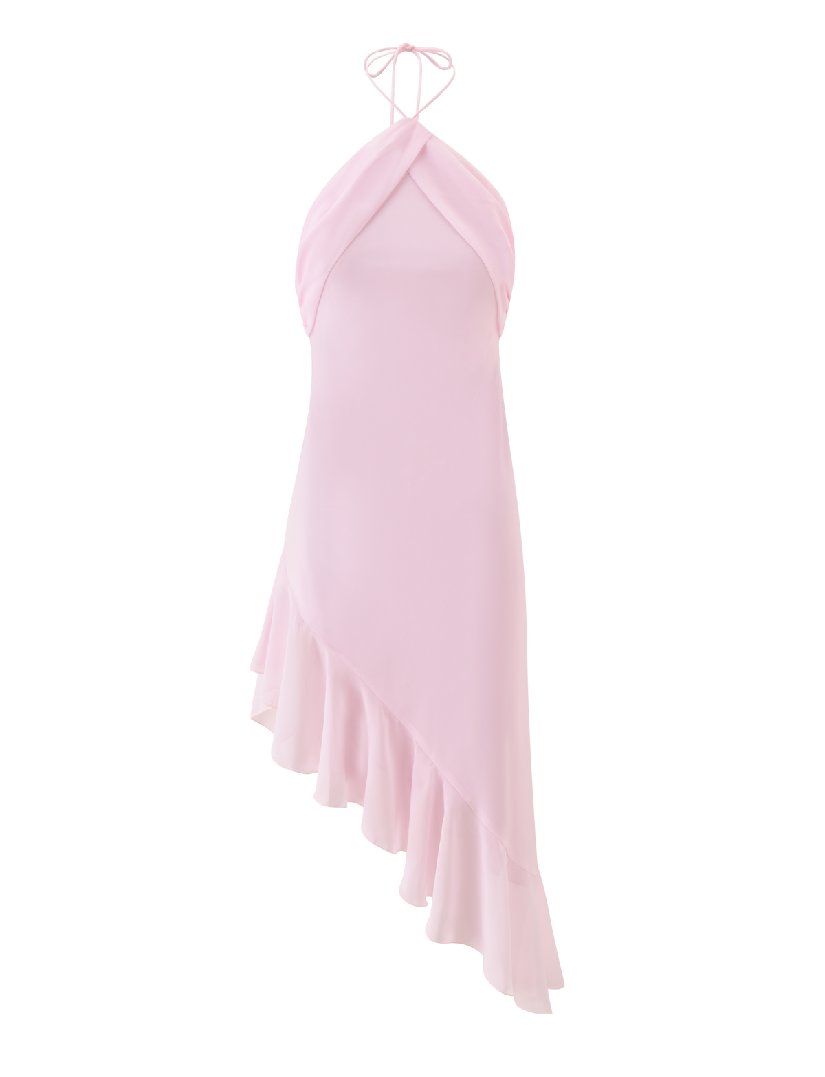 The TIGERMIST ELARINA MIDI DRESS in pink features a sleeveless halter-neck with a cross-front neckline, ruffled asymmetrical hem, and tie at the neck, shown against a plain white background.