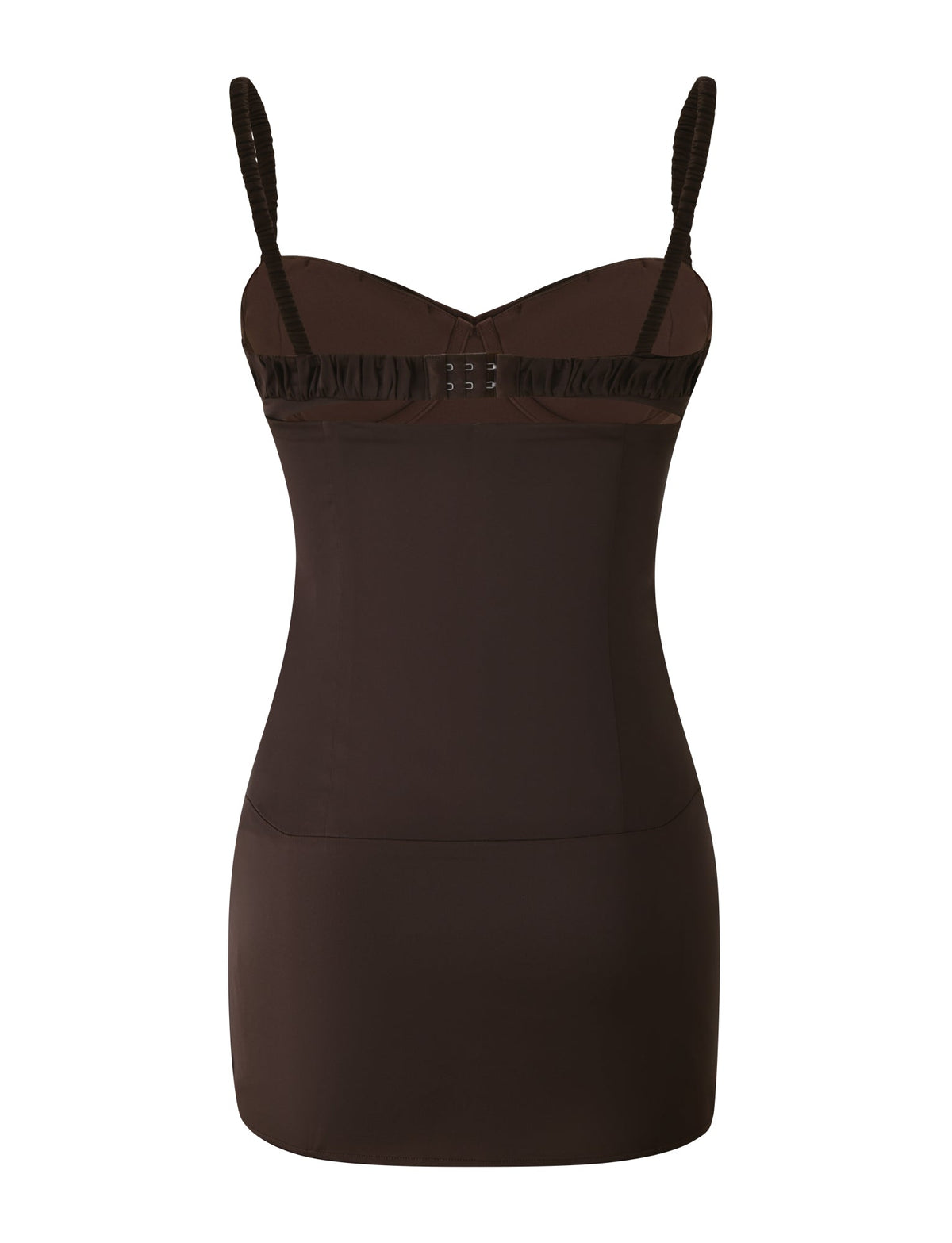 The GEORGINA MINI DRESS - BROWN by TIGERMIST is a fitted, dark brown bodycon mini dress crafted as shapewear, featuring adjustable straps, a structured bust, and hook-and-eye closures at the front. The smooth, form-fitting fabric makes it an ideal choice for a night out in the city.