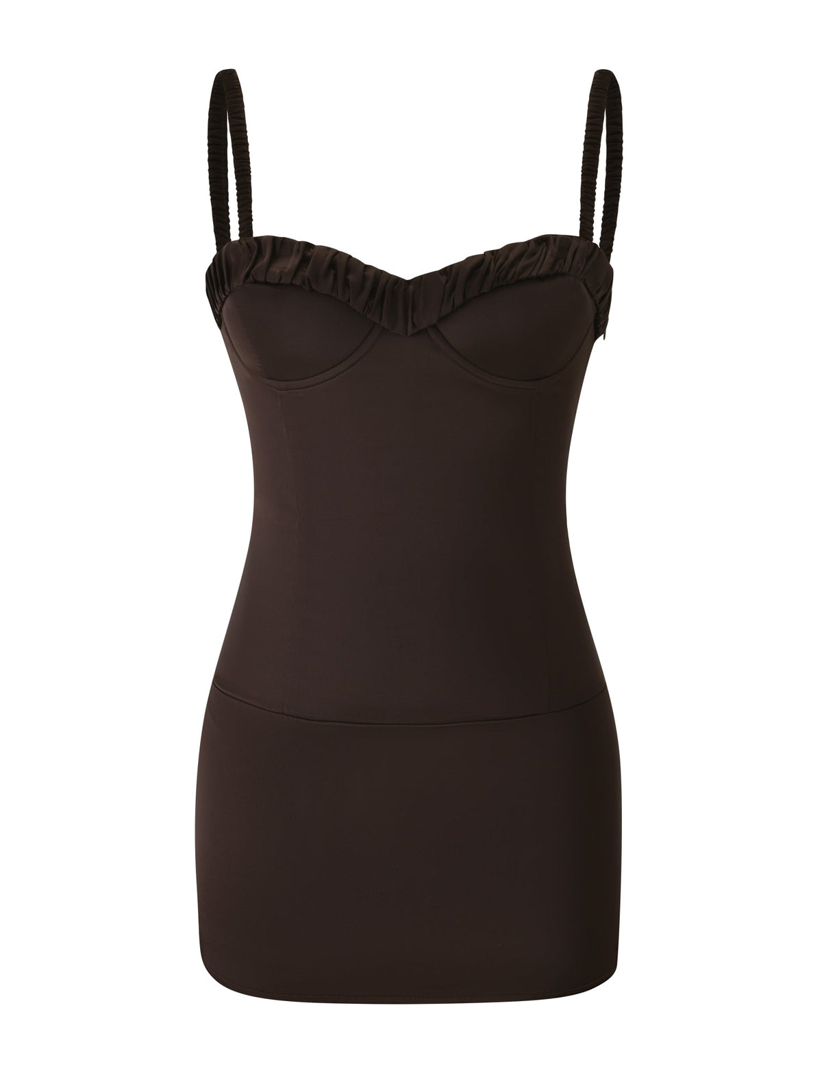 A fitted, sleeveless brown GEORGINA MINI DRESS by TIGERMIST, featuring thin straps, a sweetheart neckline, and subtle ruffle detailing along the top edge.