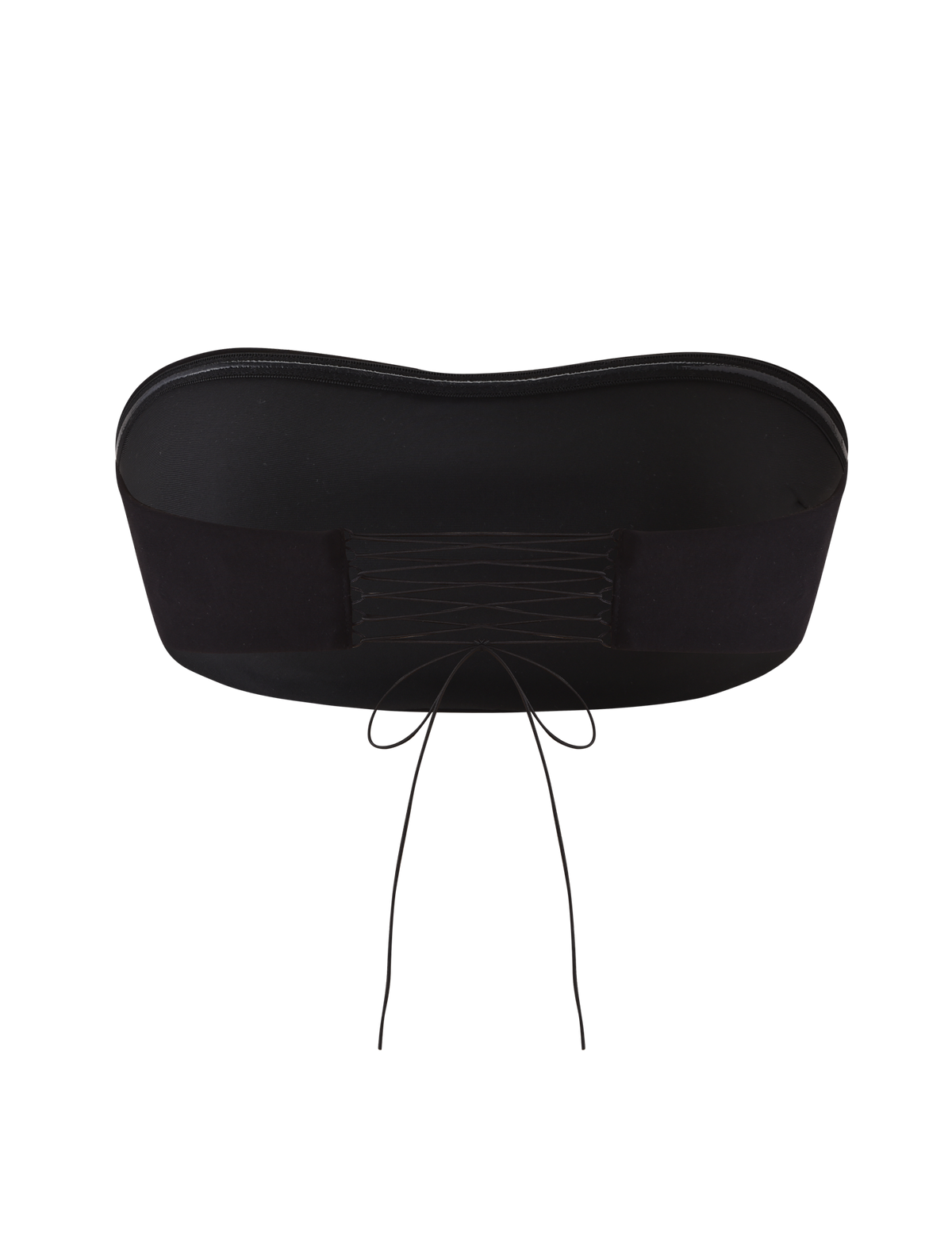 The TIGERMIST PILAR BANDEAU - BLACK is a cropped bandeau top with a straight neckline, lace-up back, and thin black strings tied in a bow, shown against a plain white background.