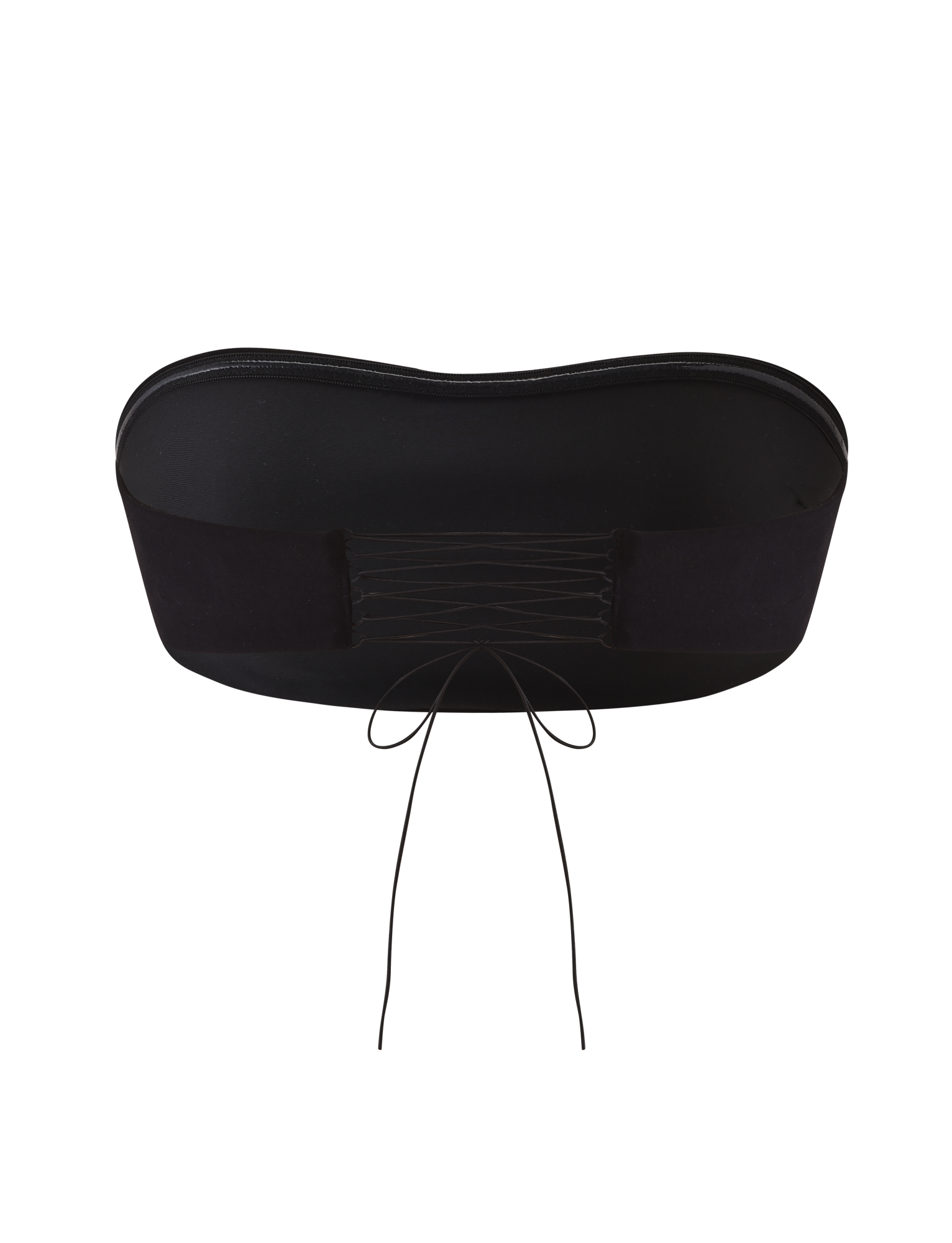 The TIGERMIST PILAR BANDEAU - BLACK is a cropped bandeau top with a straight neckline, lace-up back, and thin black strings tied in a bow, shown against a plain white background.