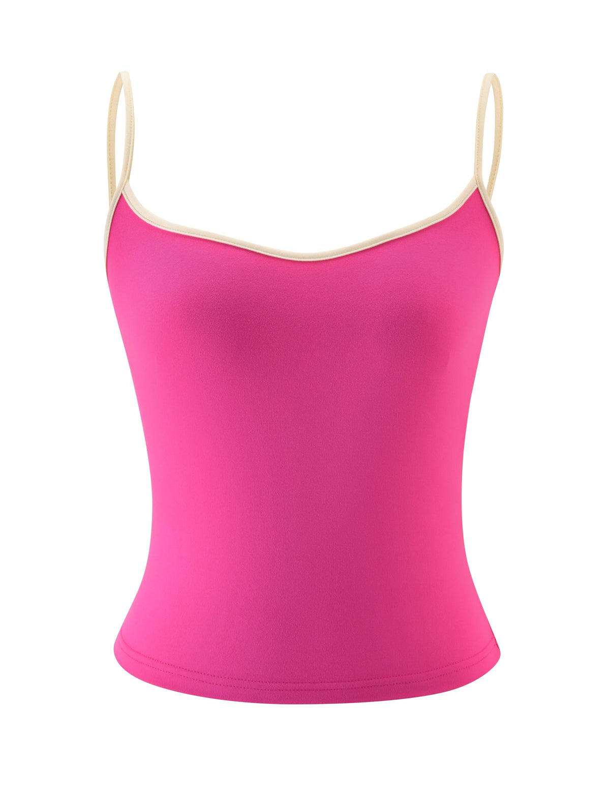 The GREER TOP - HOT PINK by TIGERMIST is a bright pink sleeveless camisole featuring thin adjustable beige spaghetti straps, displayed on a white background. Crafted from buttery-smooth jersey fabric, it boasts a slightly curved neckline for a flattering look.