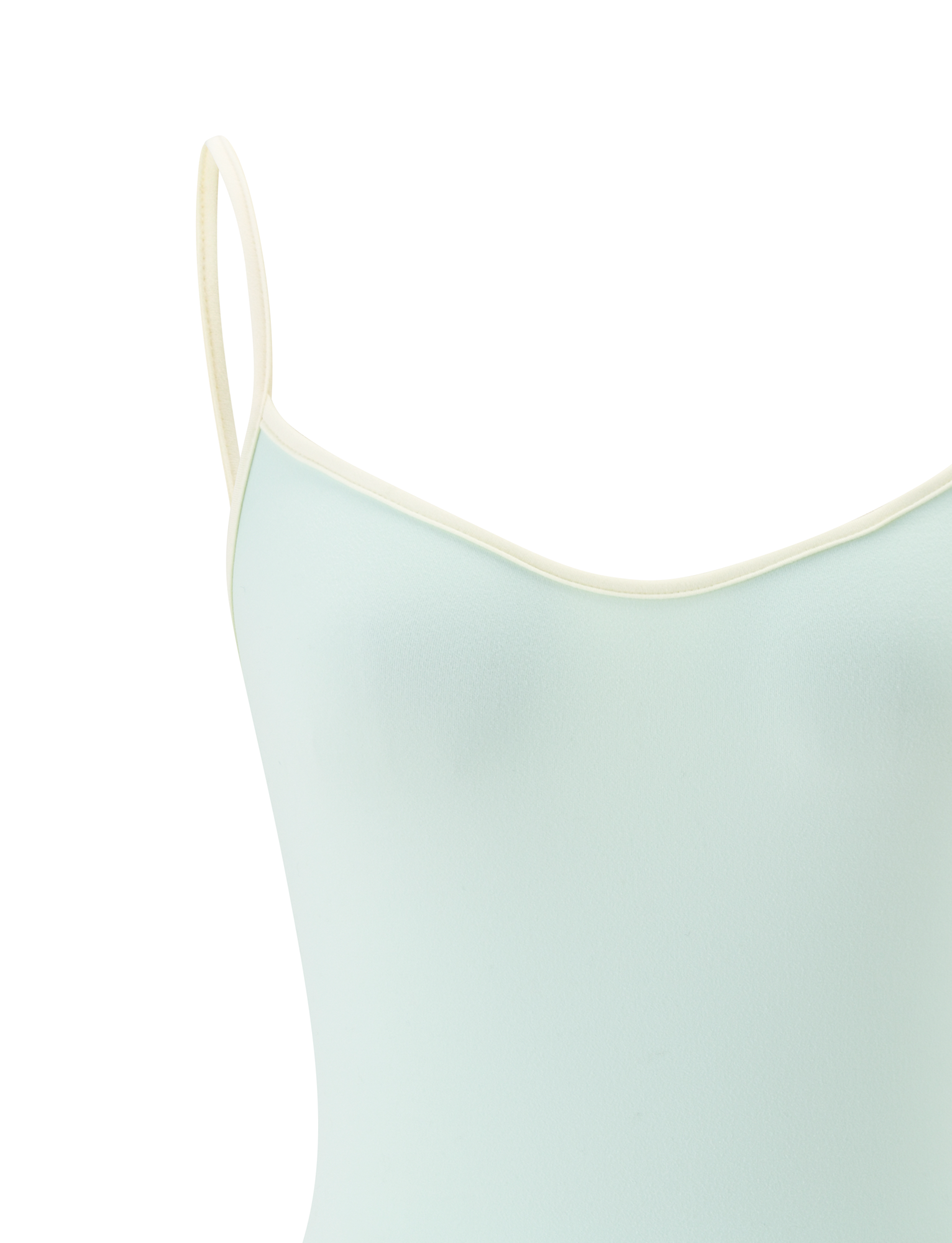 Close-up of the TIGERMIST GREER TOP in mint green, featuring a scoop neckline and thin, cream-colored adjustable spaghetti straps. Only the upper torso is visible against a white background.