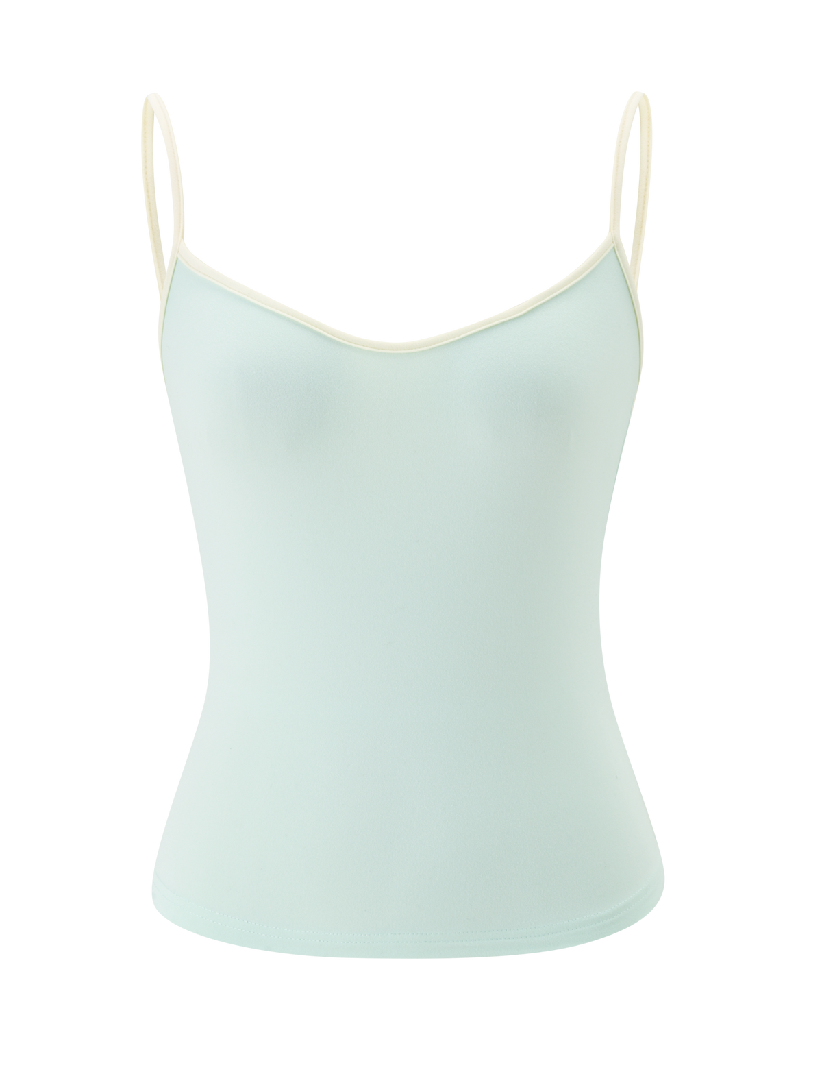 The GREER TOP by TIGERMIST is a mint green sleeveless camisole with a scoop neckline, thin white adjustable spaghetti straps, and a white trim on the neckline, shown against a plain white background.