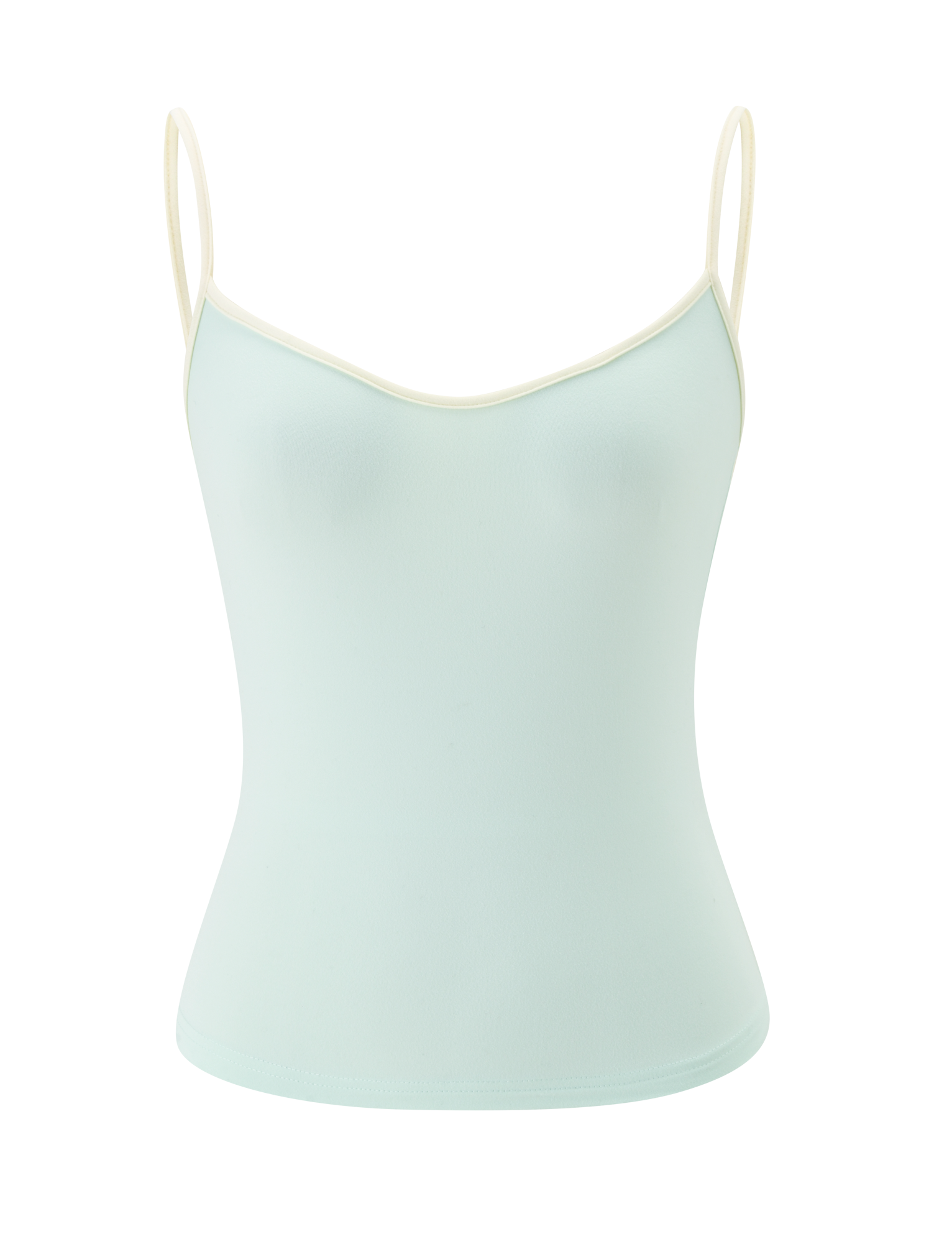 The GREER TOP by TIGERMIST is a mint green sleeveless camisole with a scoop neckline, thin white adjustable spaghetti straps, and a white trim on the neckline, shown against a plain white background.