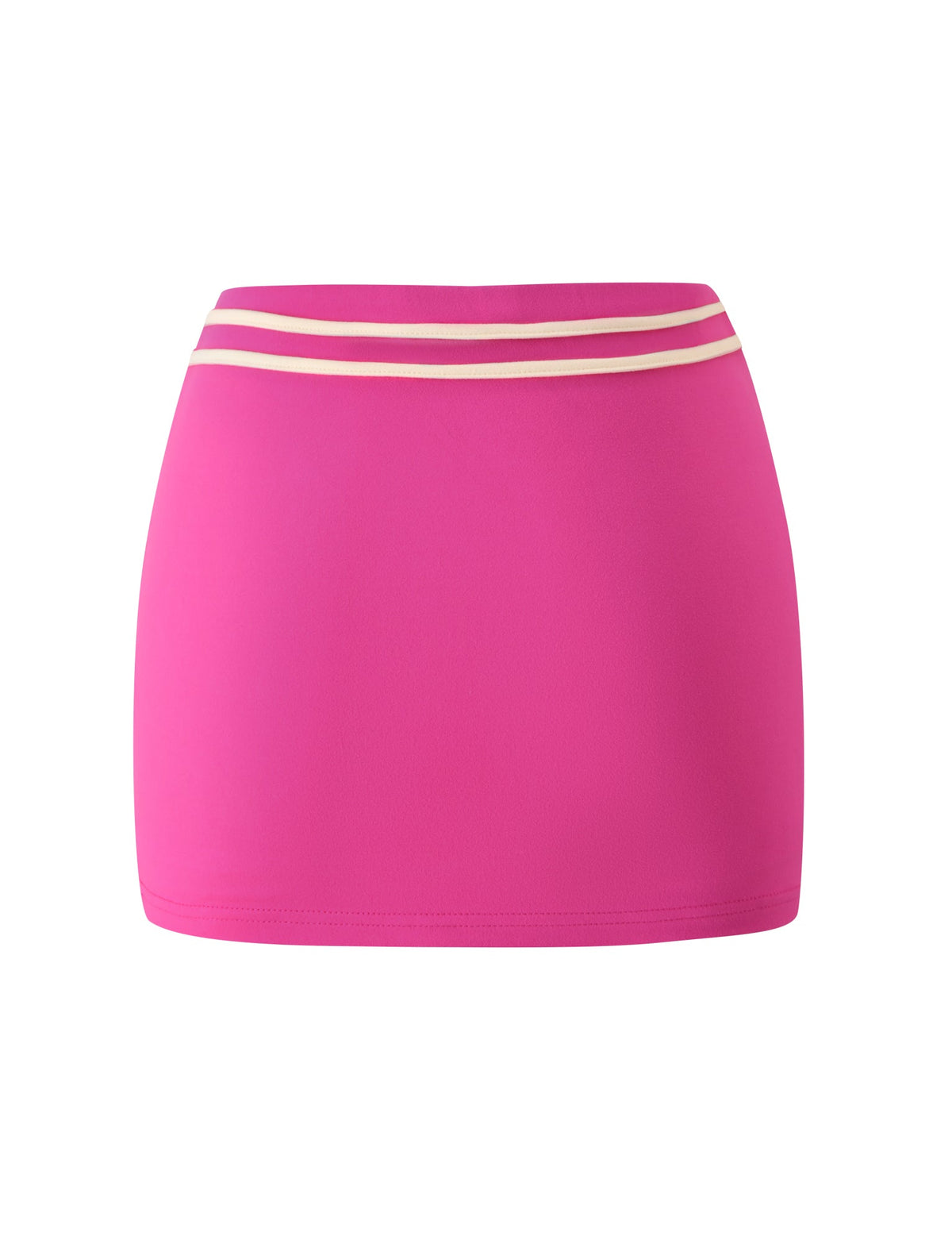 The TIGERMIST GREER MINI SKIRT in hot pink is a vibrant, low-rise mini skirt featuring two horizontal white stripes near the waistband, showcased against a white background.
