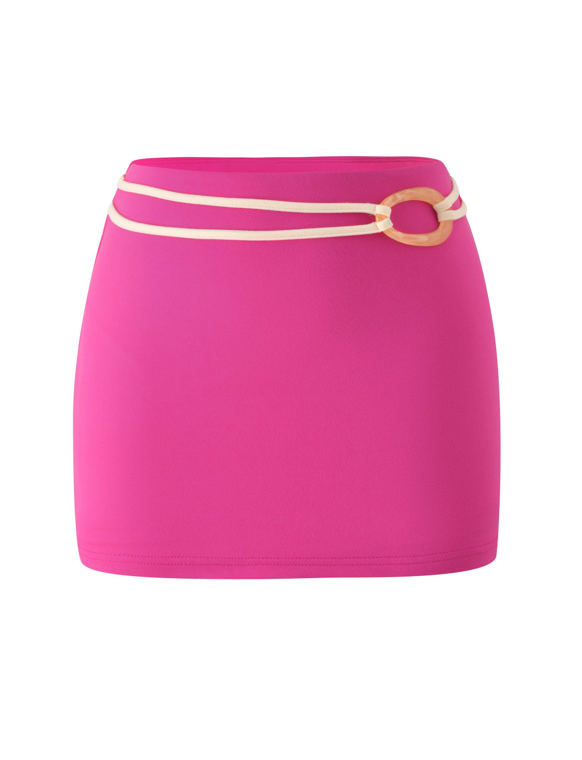 The TIGERMIST GREER MINI SKIRT in hot pink features a beige double strap detail with a circular buckle at the waist, making it perfect for transitioning from beach to bar, and is displayed on a white background.