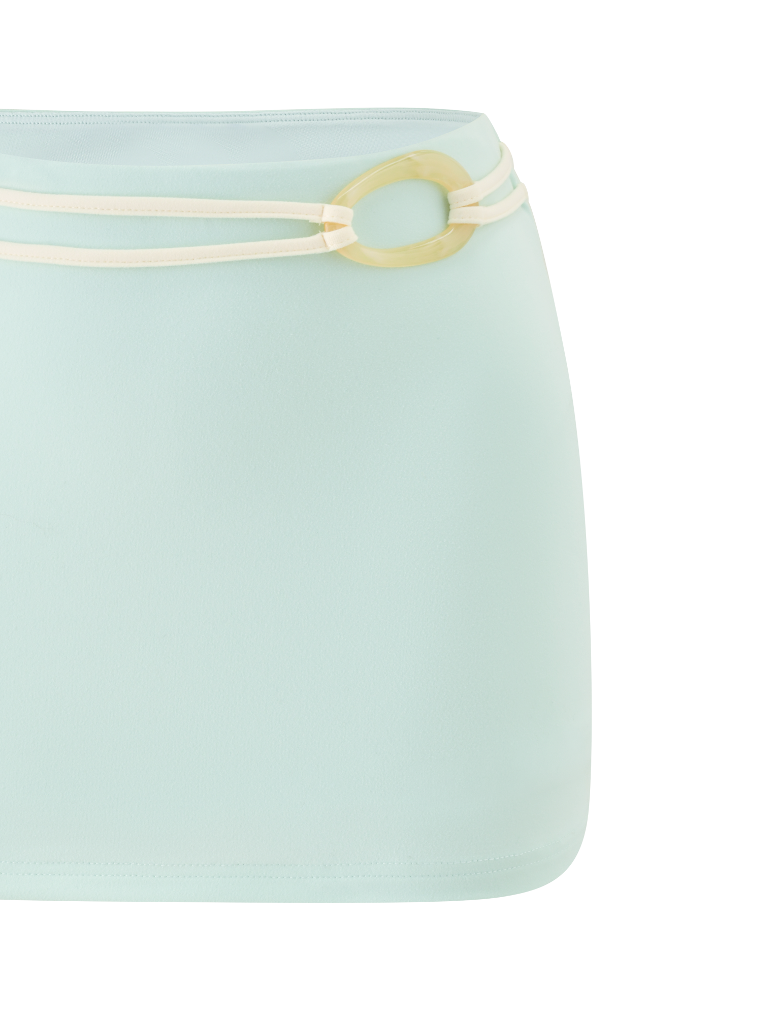 The TIGERMIST GREER MINI SKIRT in mint green features a fitted silhouette with a cream double belt and large oval buckle, crafted from smooth fabric and shown against a white background.