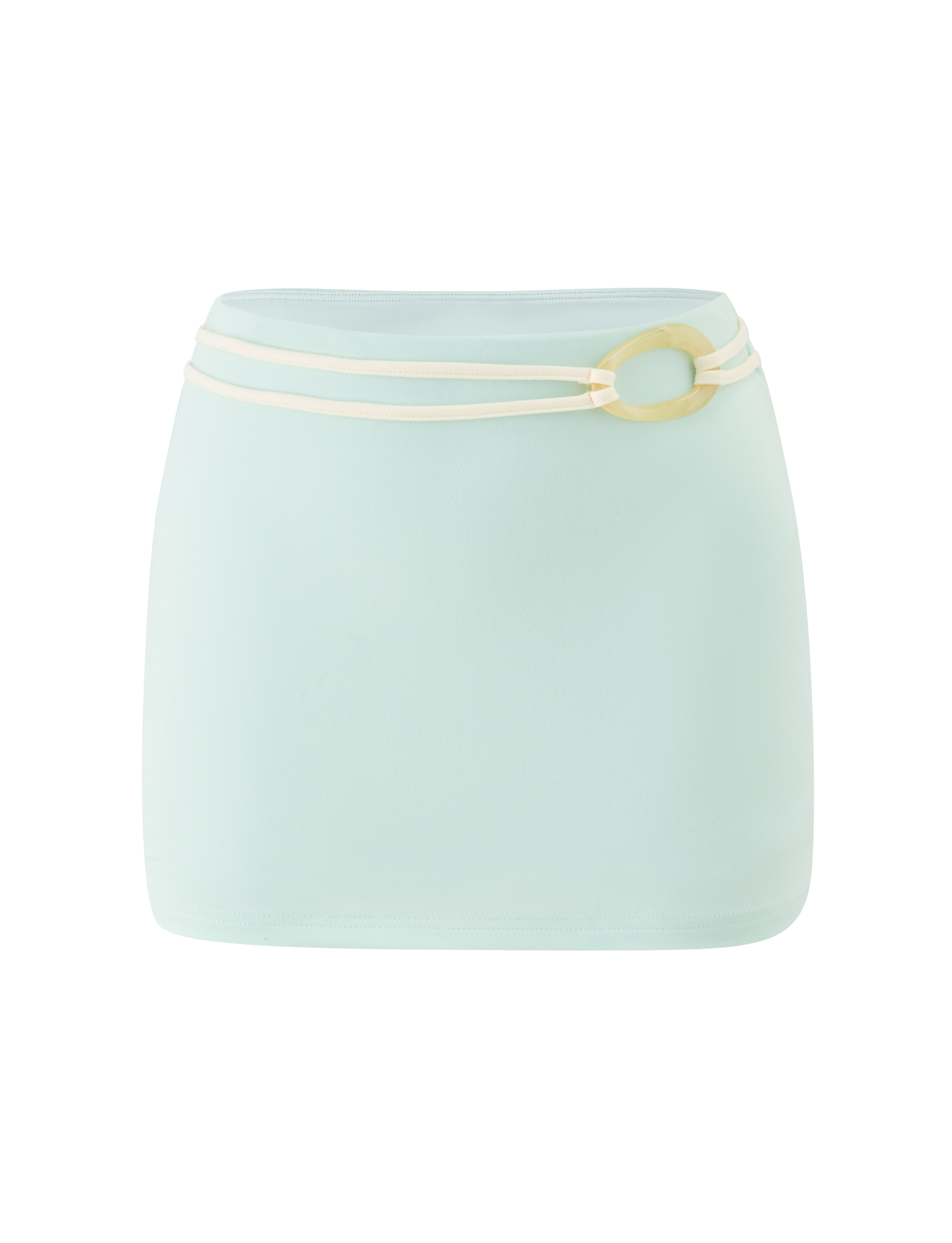 The TIGERMIST GREER MINI SKIRT in mint green is a high-waisted, pull-on mini skirt with a smooth, simple design and a thin cream belt featuring a large oval buckle wrapped twice at the waist.