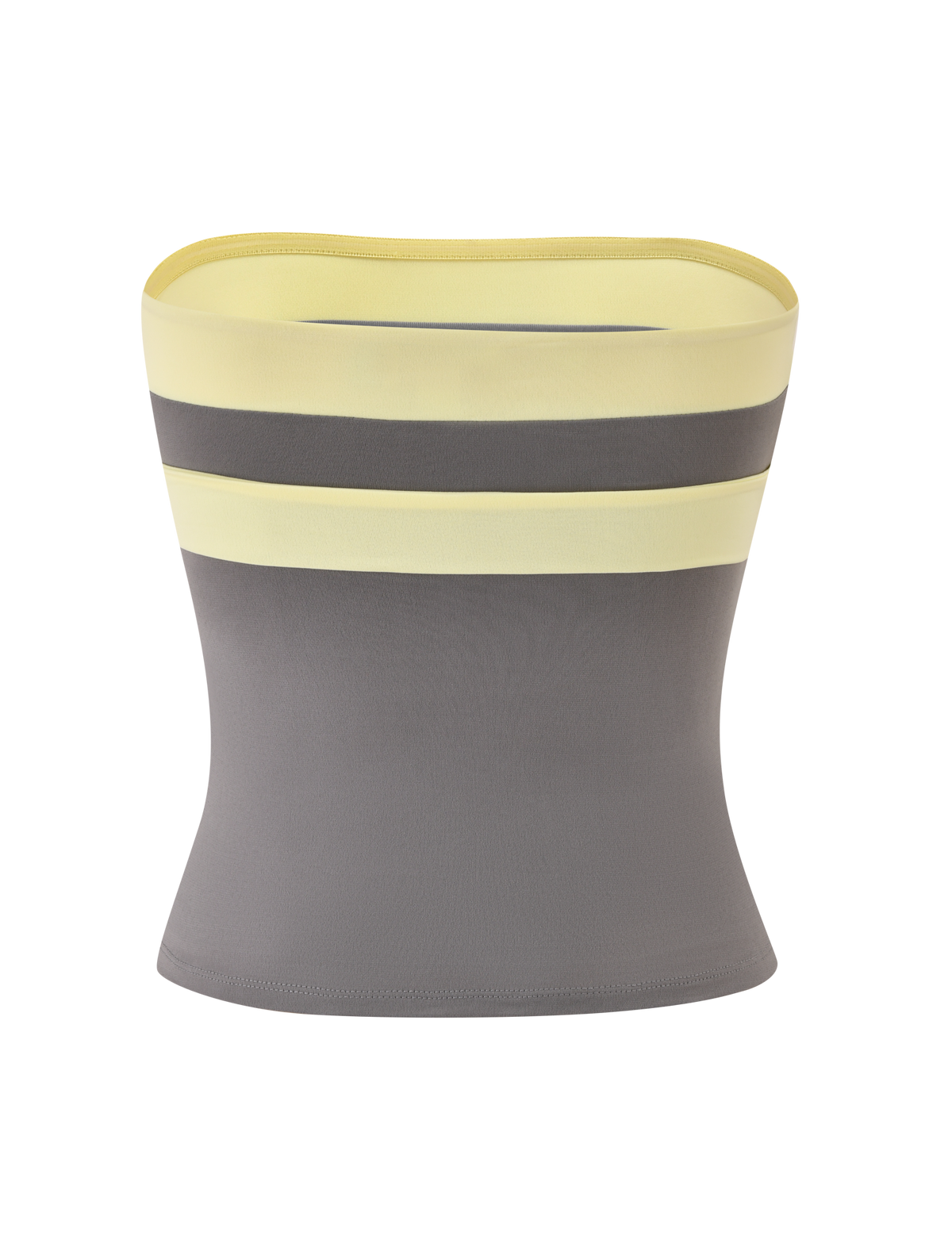 The EOS TOP - GREY AND YELLOW by TIGERMIST is a fitted, sleeveless, strapless boob tube with color-blocked yellow and gray bands on top and a solid gray lower half, pictured against a plain white background.