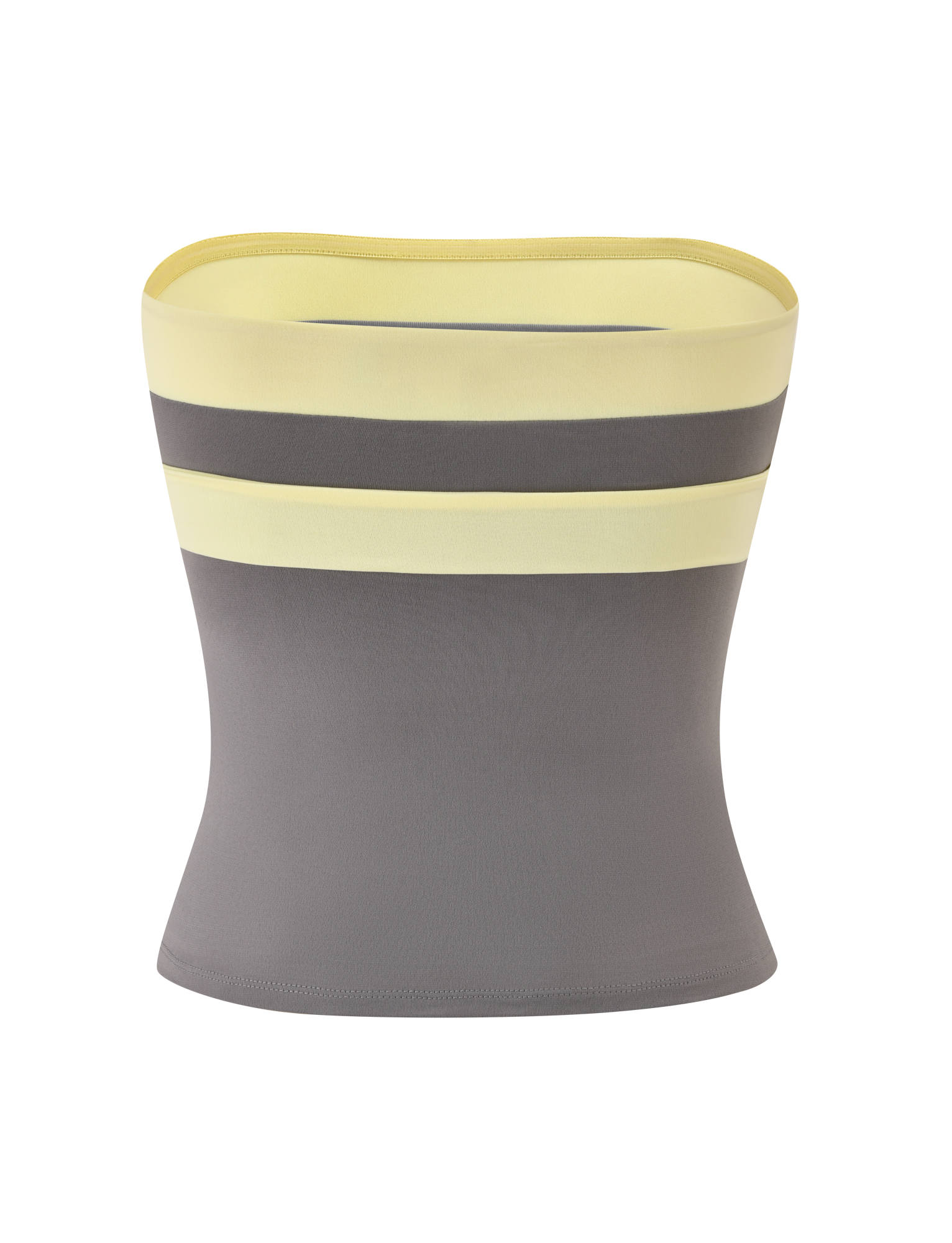 The EOS TOP - GREY AND YELLOW by TIGERMIST is a fitted, sleeveless, strapless boob tube with color-blocked yellow and gray bands on top and a solid gray lower half, pictured against a plain white background.