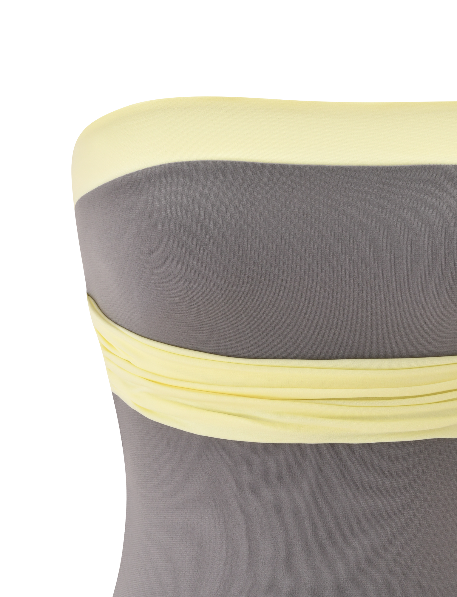 Close-up of the TIGERMIST EOS TOP - GREY AND YELLOW, a strapless boob tube featuring a gray bodice, light yellow trim at the top, and a yellow ruched band below the bust. The color-blocked design pops against a white background.