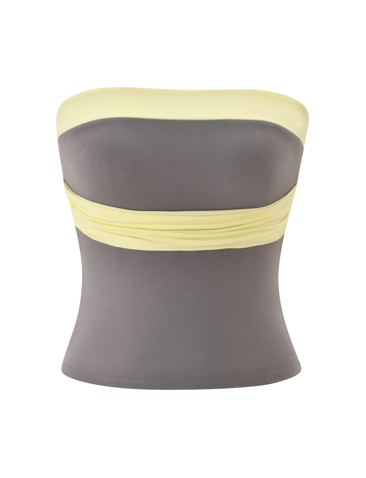 The TIGERMIST EOS TOP - GREY AND YELLOW is a strapless boob tube with a fitted silhouette, featuring a grey body, yellow colour block bands at the chest and waist, smooth stretchy fabric, and a sleek modern design.