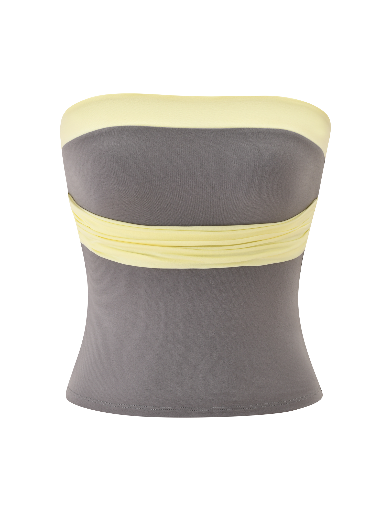 The TIGERMIST EOS TOP - GREY AND YELLOW is a strapless boob tube with a fitted silhouette, featuring a grey body, yellow colour block bands at the chest and waist, smooth stretchy fabric, and a sleek modern design.