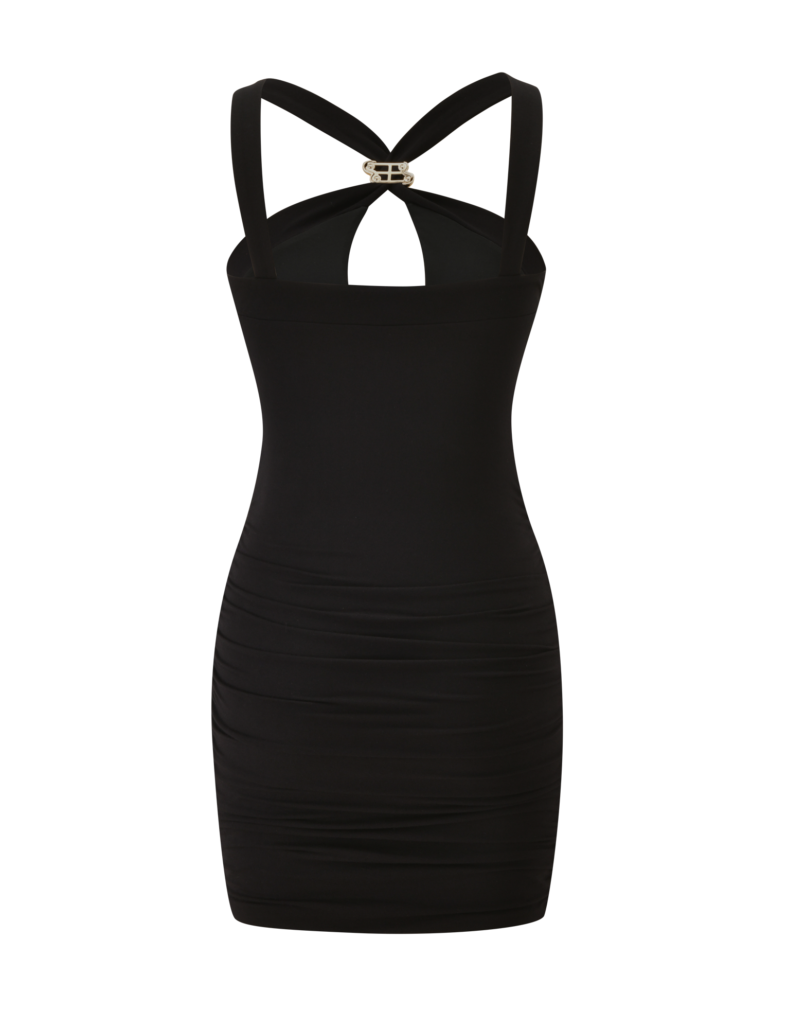 The FINCH MINI DRESS - BLACK by TIGERMIST is a chic fitted mini dress with ruched sides, wide cross-back straps, and a metallic detail—perfect for date night with its sleek, modern silhouette.