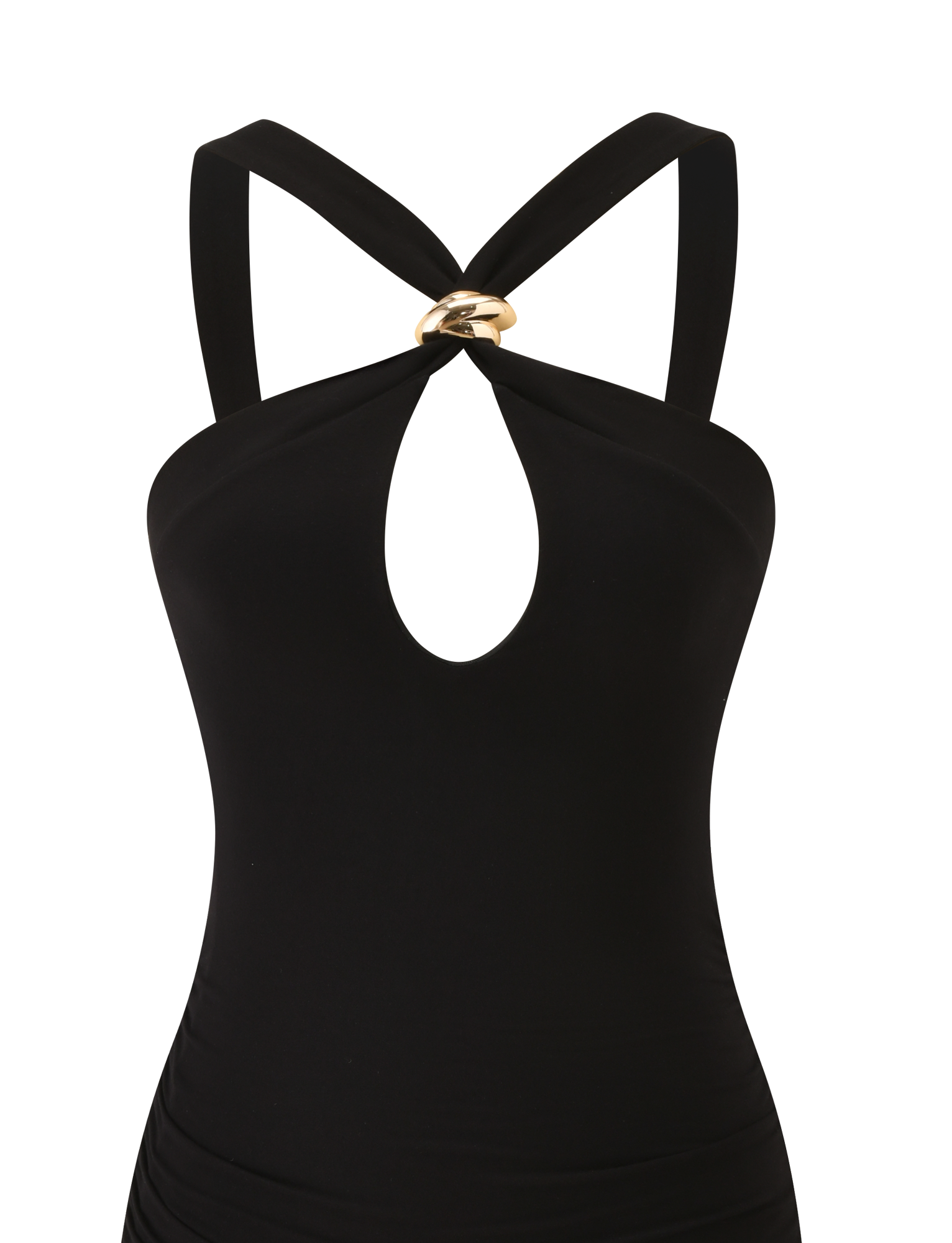 The FINCH MINI DRESS by TIGERMIST is a black mini dress with thick chest-crossing straps, a gold ring detail, and a teardrop cutout—an ideal chic pick for your next date night.