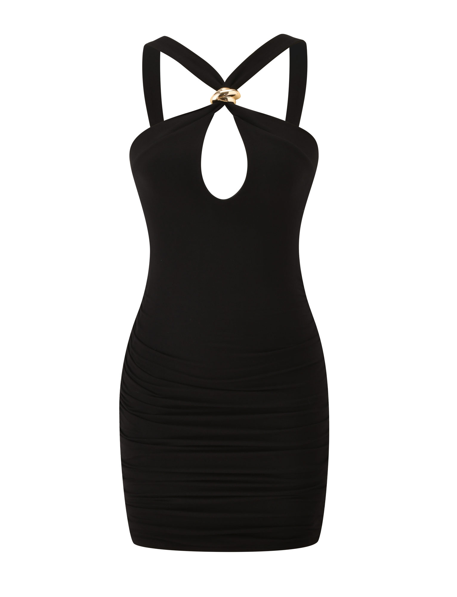 The TIGERMIST FINCH MINI DRESS - BLACK features a sleeveless mini design with a chest keyhole, crisscross straps, and a gold ring detail at the neckline—an ideal choice for a chic date night look.