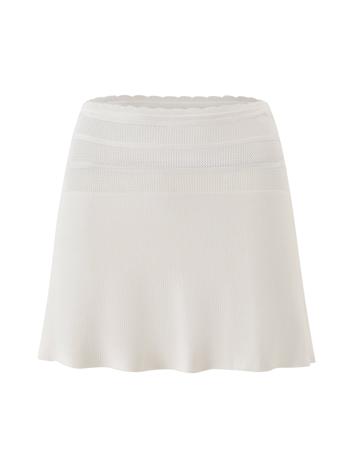 The DENI MINI SKIRT - CREAM by TIGERMIST is an elegant cream A-line knit skirt designed with horizontal mesh panels near the waistband and a subtle scalloped edge at the top. Its soft, flowing silhouette and textured, slightly stretchy fabric offer ultimate comfort while maintaining a sophisticated shape—perfect for summer wear.