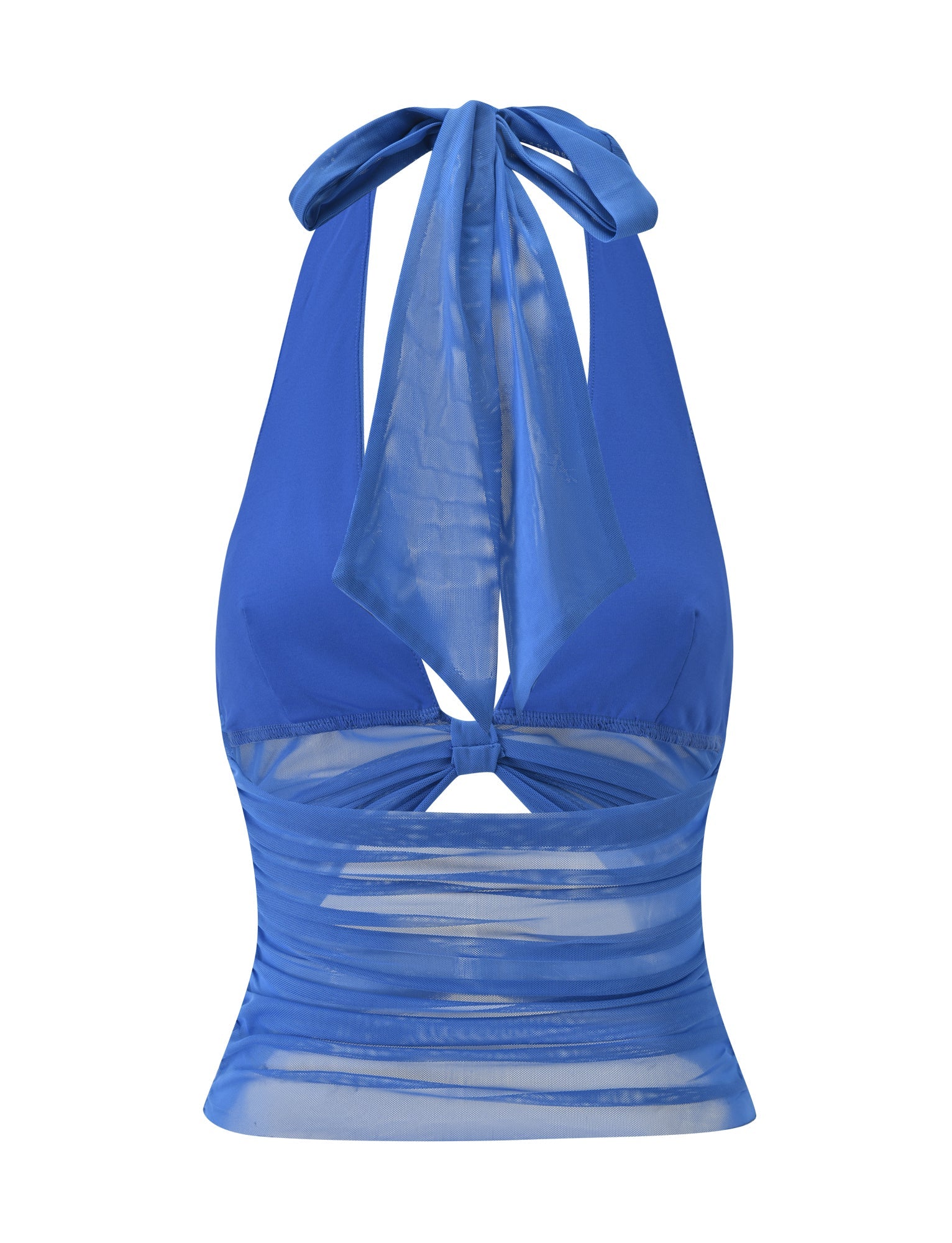 The CLEA HALTER - COBALT by TIGERMIST is a striking cobalt blue mesh halter top with a sheer midsection, a tie at the neck, and a small front cutout below the bust—perfect for making a statement this holiday season.