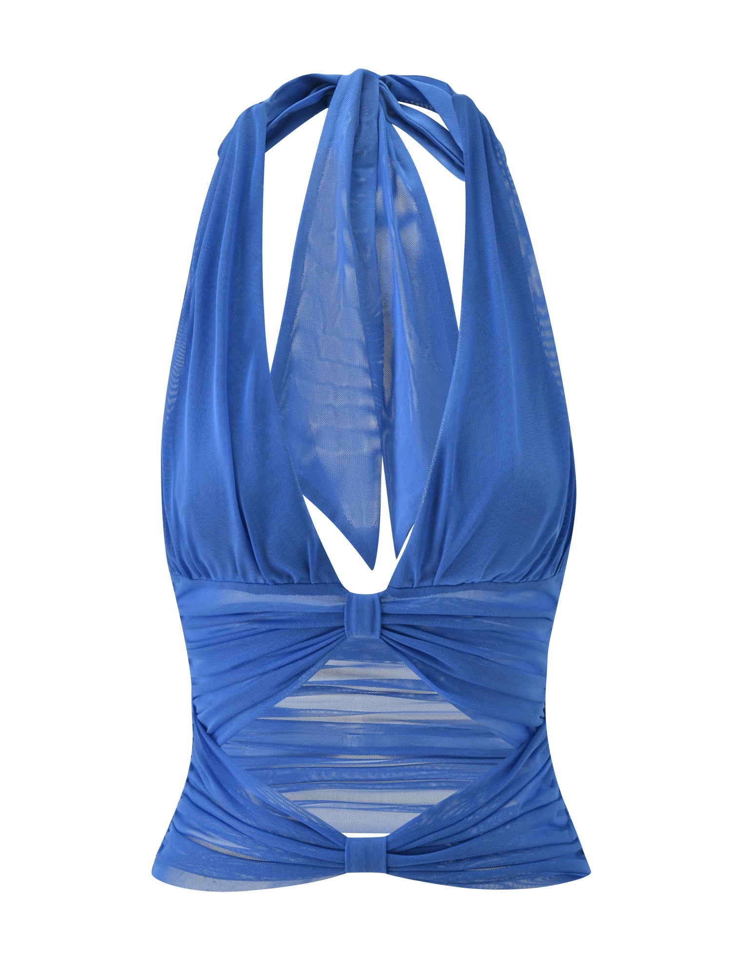 The CLEA HALTER - COBALT by TIGERMIST is a cobalt blue mesh halter top with ruching and cutout details at the front and back, featuring a plunging neckline, neck tie, and fitted waist—perfect as a holiday top.