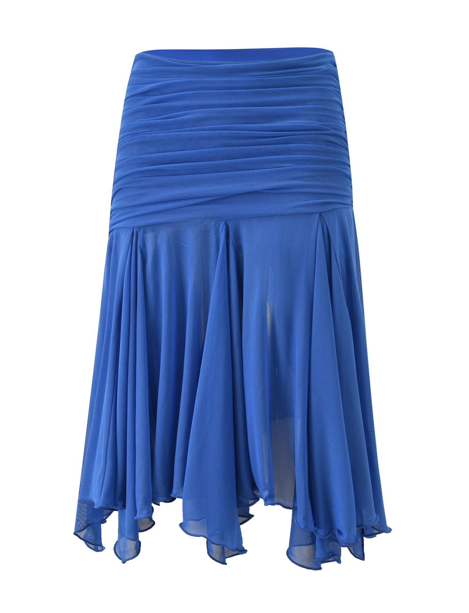 The CLEA MIDI SKIRT - COBALT by TIGERMIST is a cobalt blue midi skirt crafted from lightweight, semi-sheer chiffon mesh. It features a ruched waistband and a flowy, asymmetrical hem, giving it an elegant and airy appearance.