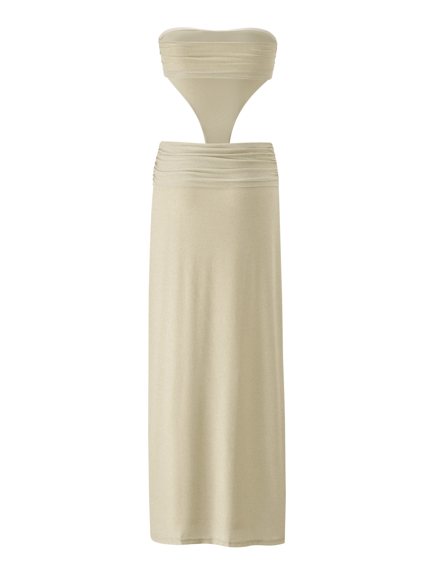 The TIGERMIST KYNLEE 2.0 MAXI DRESS in gold is a strapless two-piece set with a bandeau top featuring a subtle sweetheart neckline and a high-waisted, ruched maxi skirt, crafted from soft, lightweight fabric for effortless elegance.