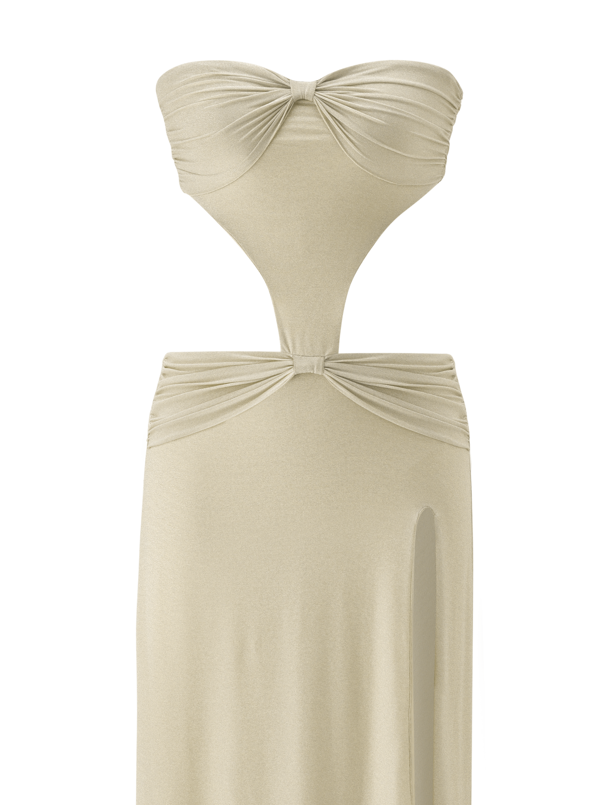 The KYNLEE 2.0 Maxi Dress by TIGERMIST is a strapless gold dress with a sweetheart neckline, gathered bust and waist, a cut-out midsection, and a high side slit.