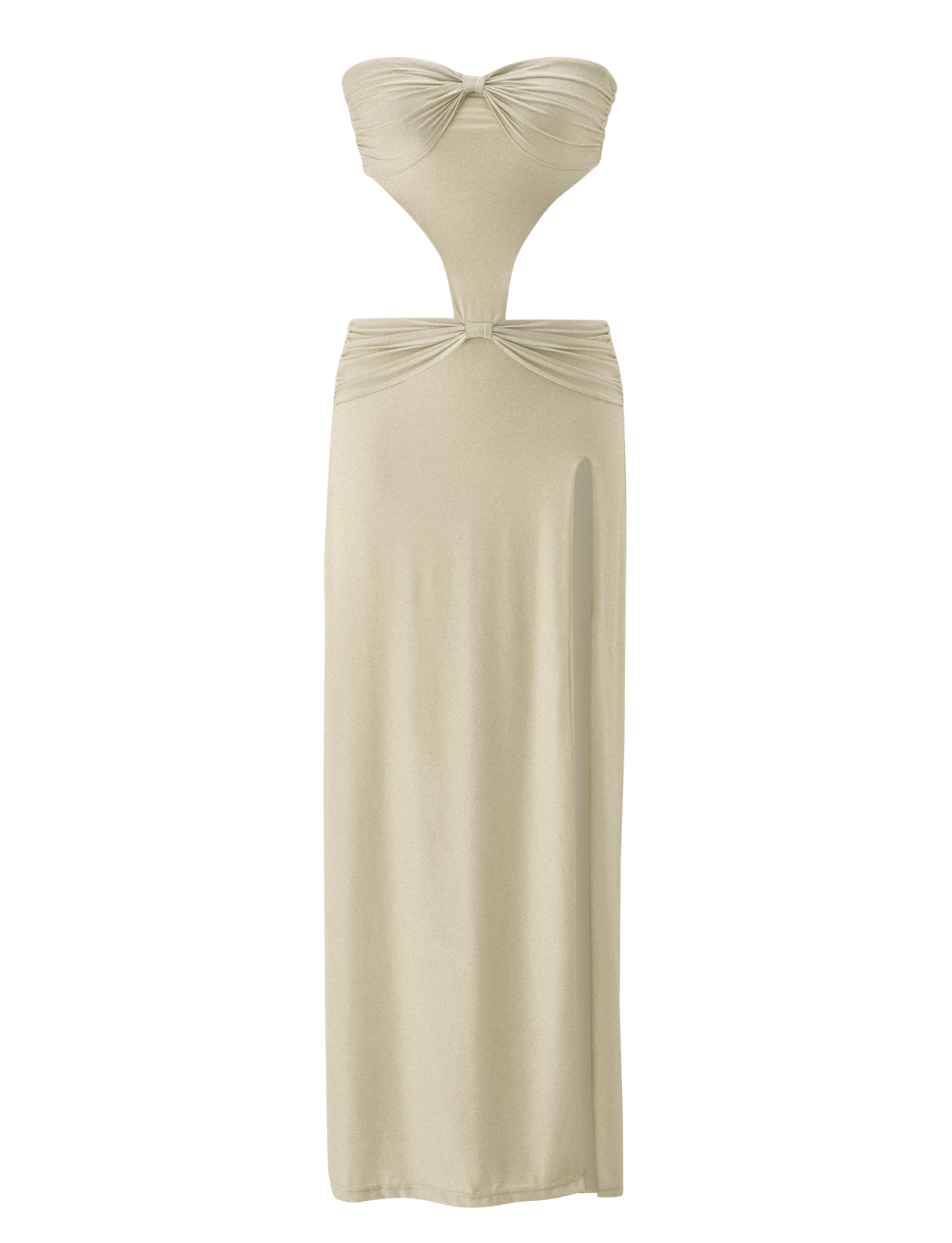 The TIGERMIST KYNLEE 2.0 MAXI DRESS in gold is strapless with a ruched bust, sweetheart neckline, cut-out midsection, gathered waist, and a thigh-high side slit.