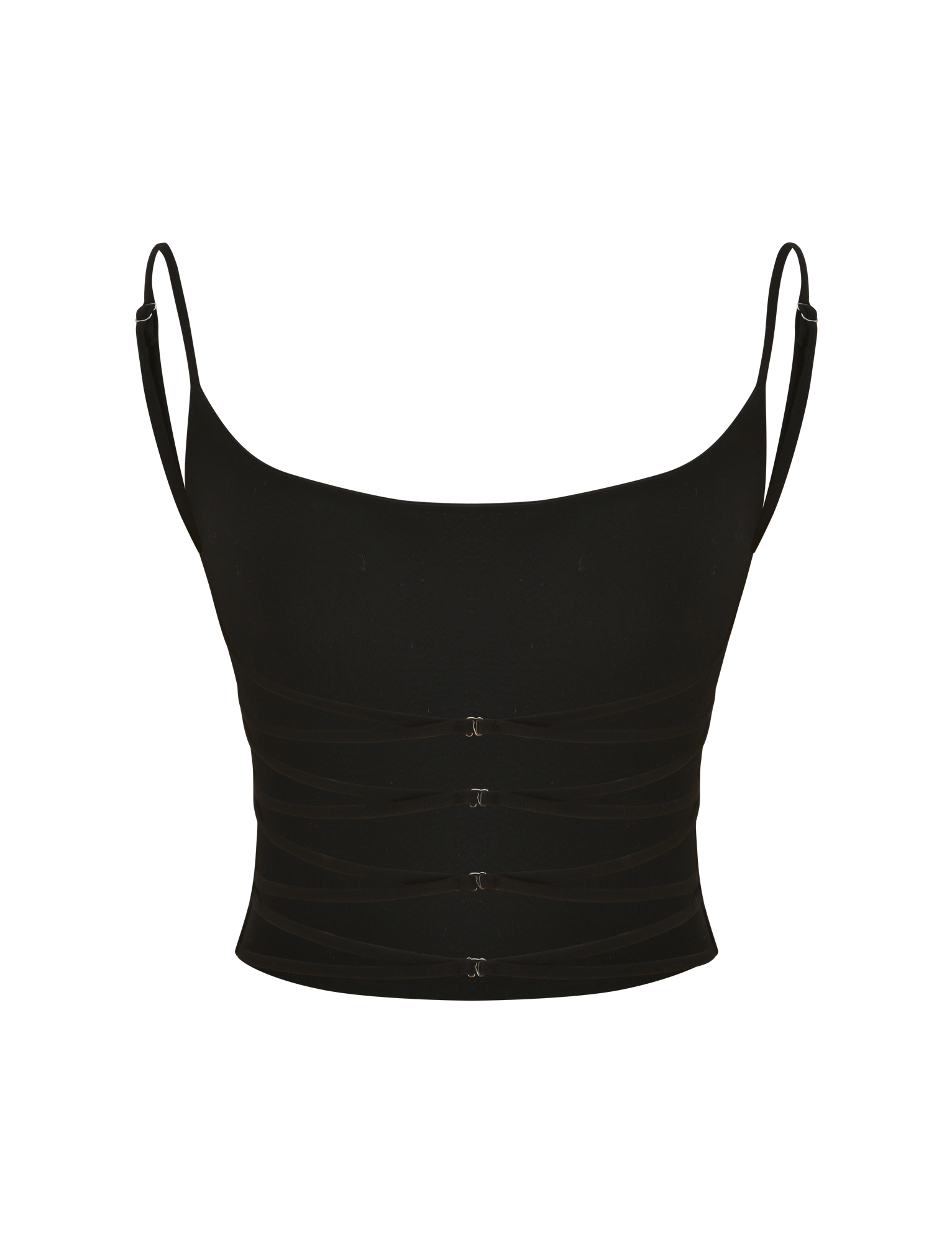 The MINERVA TOP - BLACK by TIGERMIST is a black singlet with a scoop neckline, adjustable spaghetti straps, and four front cut-out bands with silver clasps.