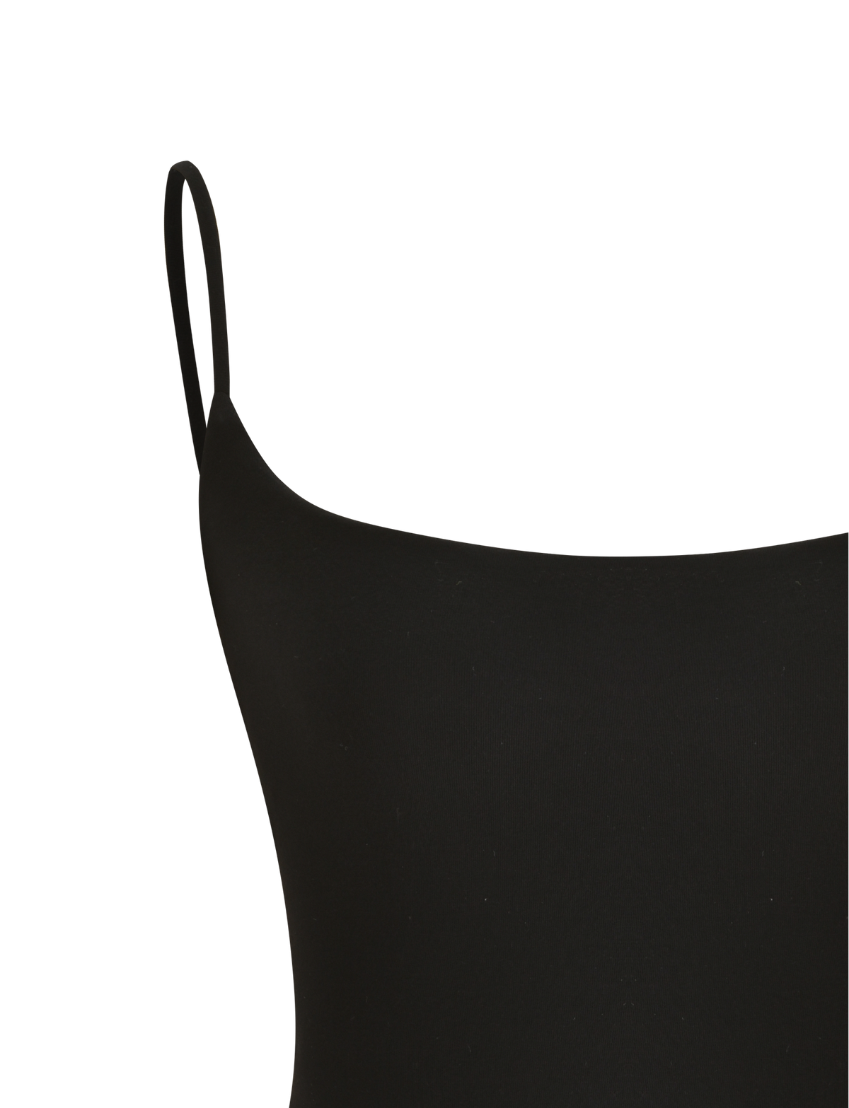 Close-up of the TIGERMIST MINERVA TOP in black, featuring adjustable spaghetti straps. The smooth, form-fitting fabric is displayed against a plain white background.