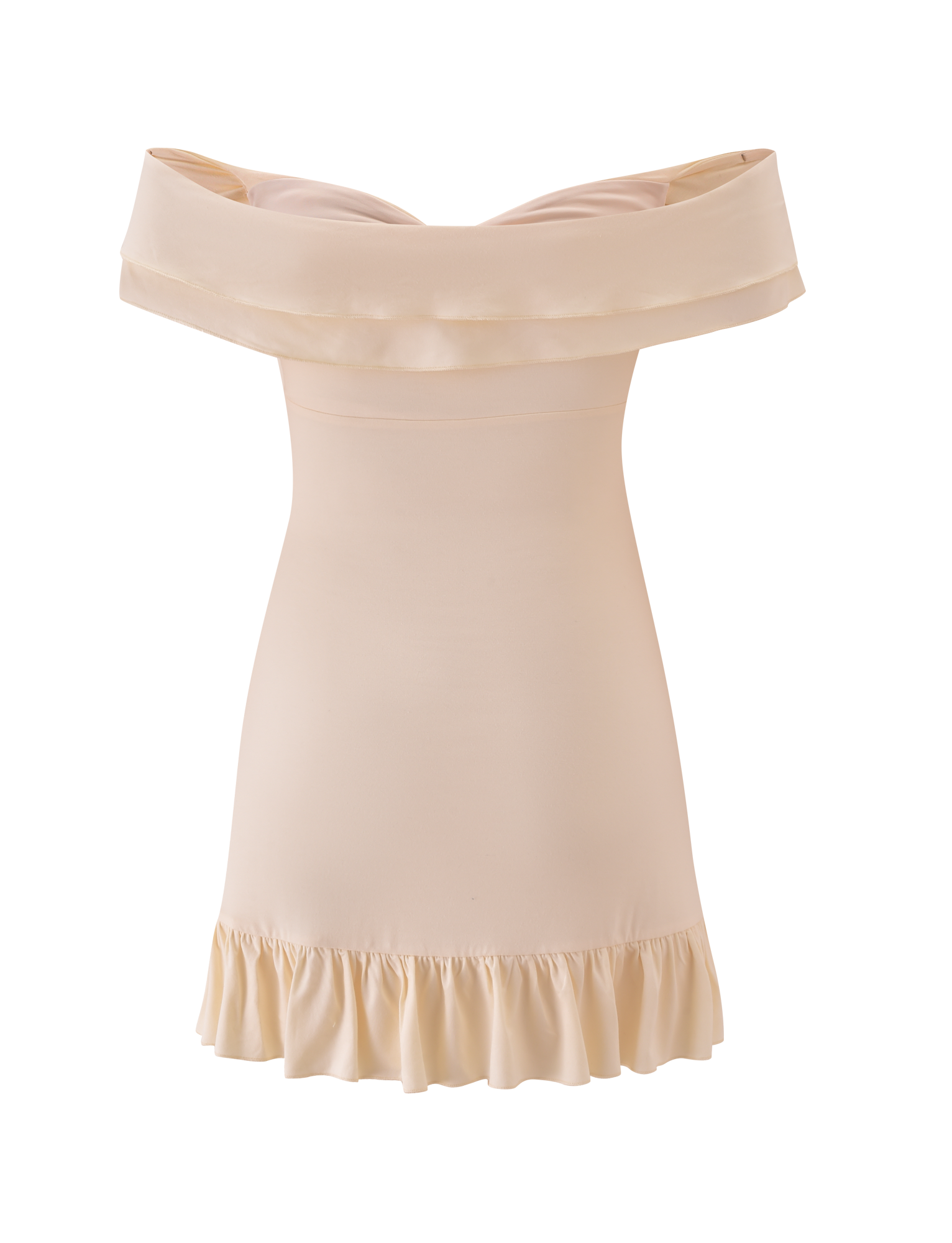 The TIGERMIST DENALI MINI DRESS 2.0 in cream is an off-the-shoulder dress with a wide fold-over neckline, fitted bodice, and a short ruffled hem.