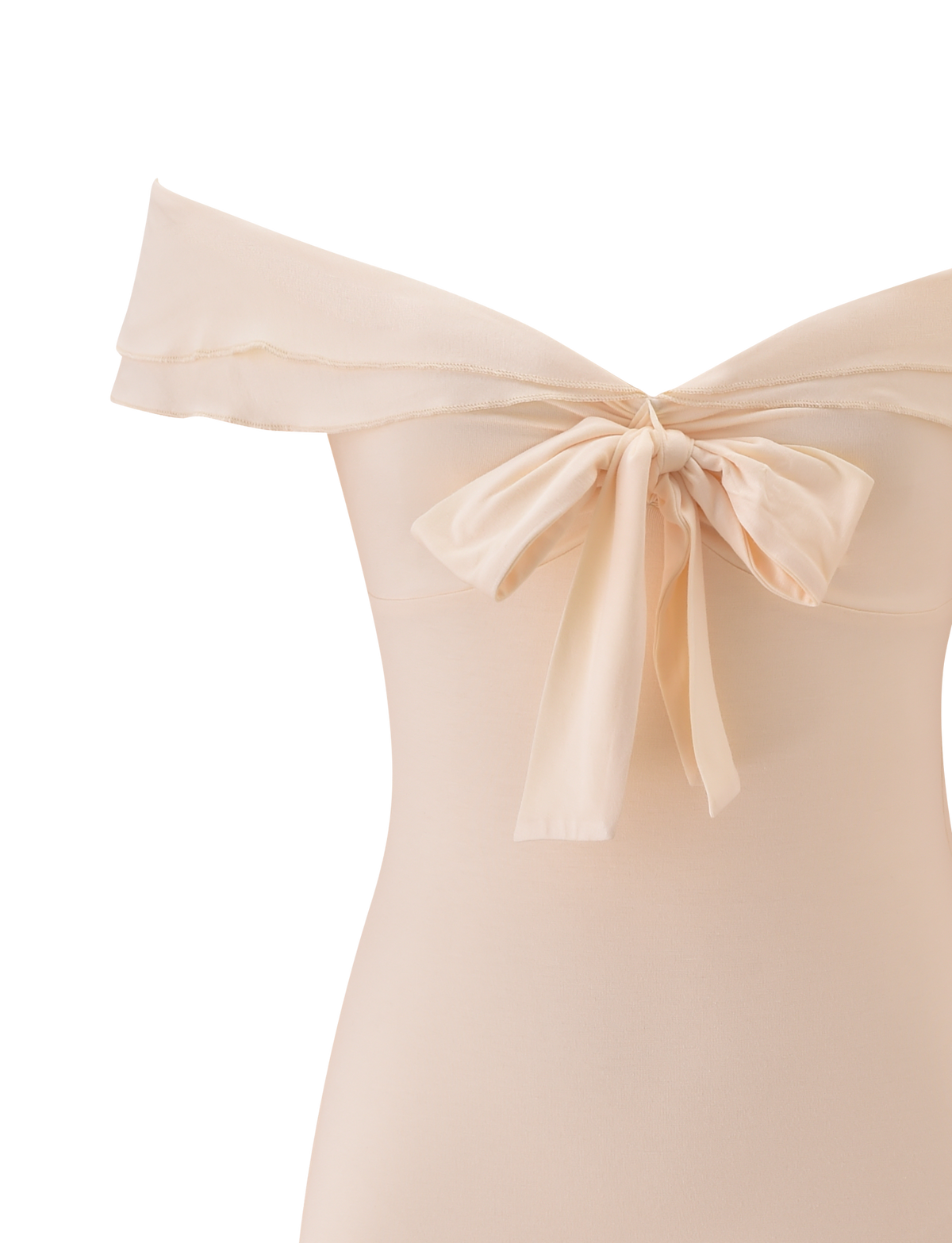 Back view of the TIGERMIST DENALI MINI DRESS 2.0 in cream, an off-shoulder style with a soft ruffle neckline and a large tied bow at the back.
