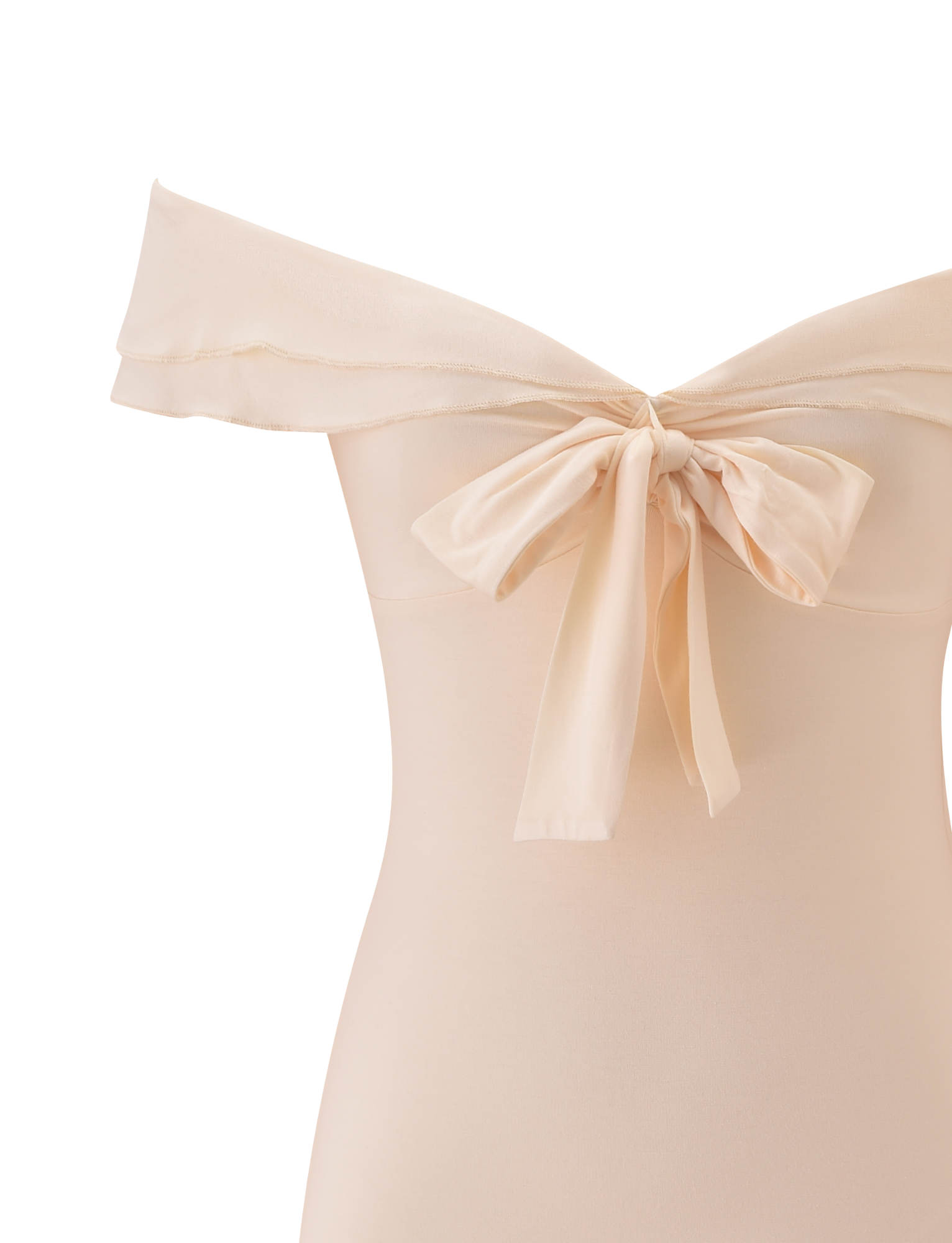 Back view of the TIGERMIST DENALI MINI DRESS 2.0 in cream, an off-shoulder style with a soft ruffle neckline and a large tied bow at the back.