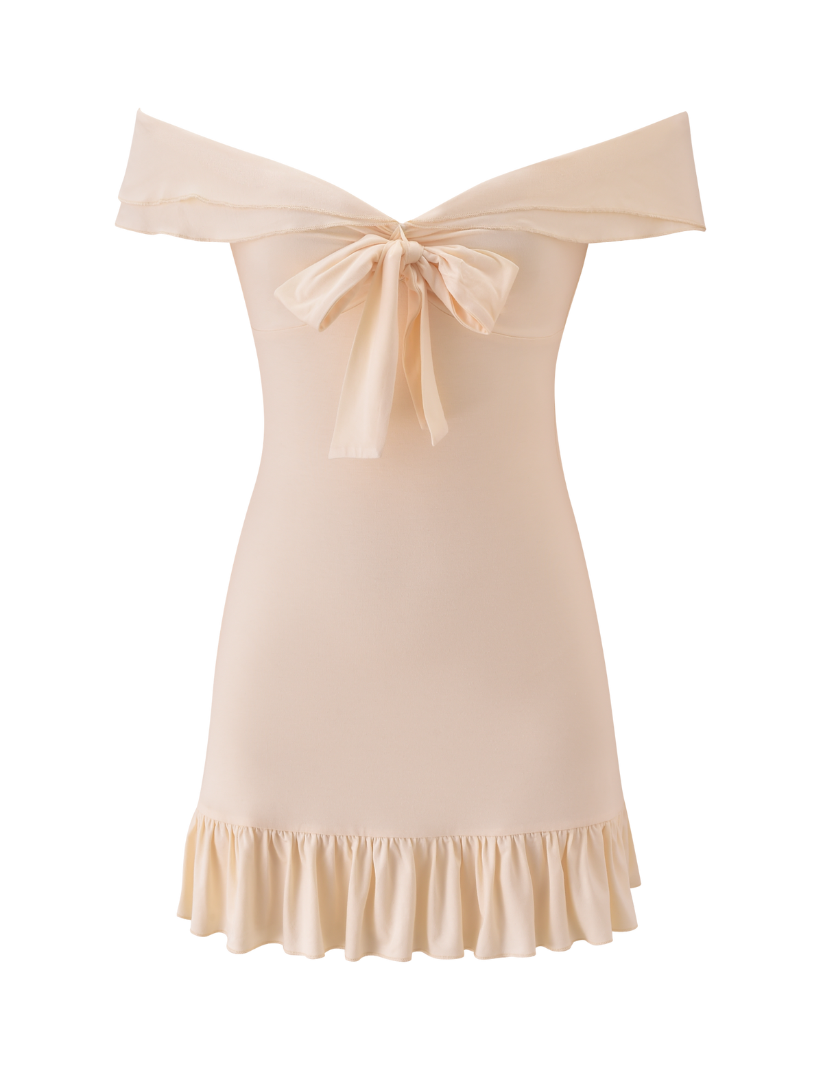 The DENALI MINI DRESS 2.0 - CREAM by TIGERMIST is an off-the-shoulder mini dress in light beige, showcasing a ruffled hem and large back bow. Its soft fabric and elegant design make it ideal for feminine, sophisticated styles.