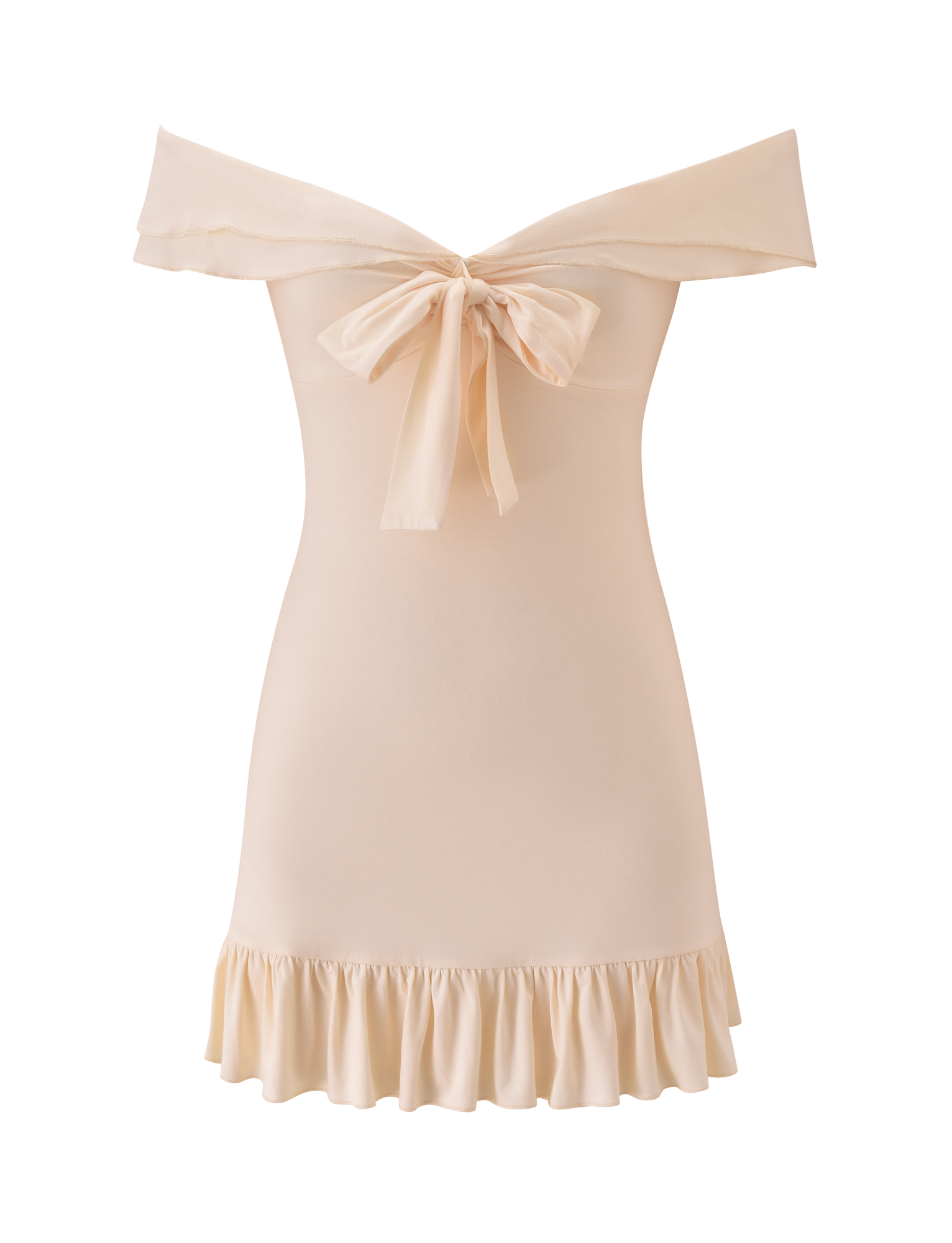 The DENALI MINI DRESS 2.0 - CREAM by TIGERMIST is an off-the-shoulder mini dress in light beige, showcasing a ruffled hem and large back bow. Its soft fabric and elegant design make it ideal for feminine, sophisticated styles.