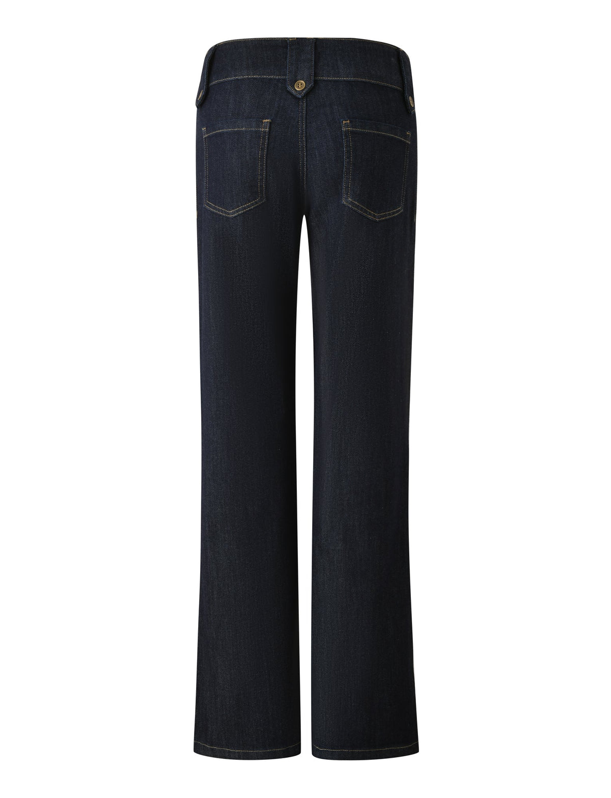 Back view of the TIGERMIST KITTIE DENIM PANT in dark wash, featuring two back pockets, a button and belt loops, with a low-rise waist and flared leg silhouette, displayed against a white background.