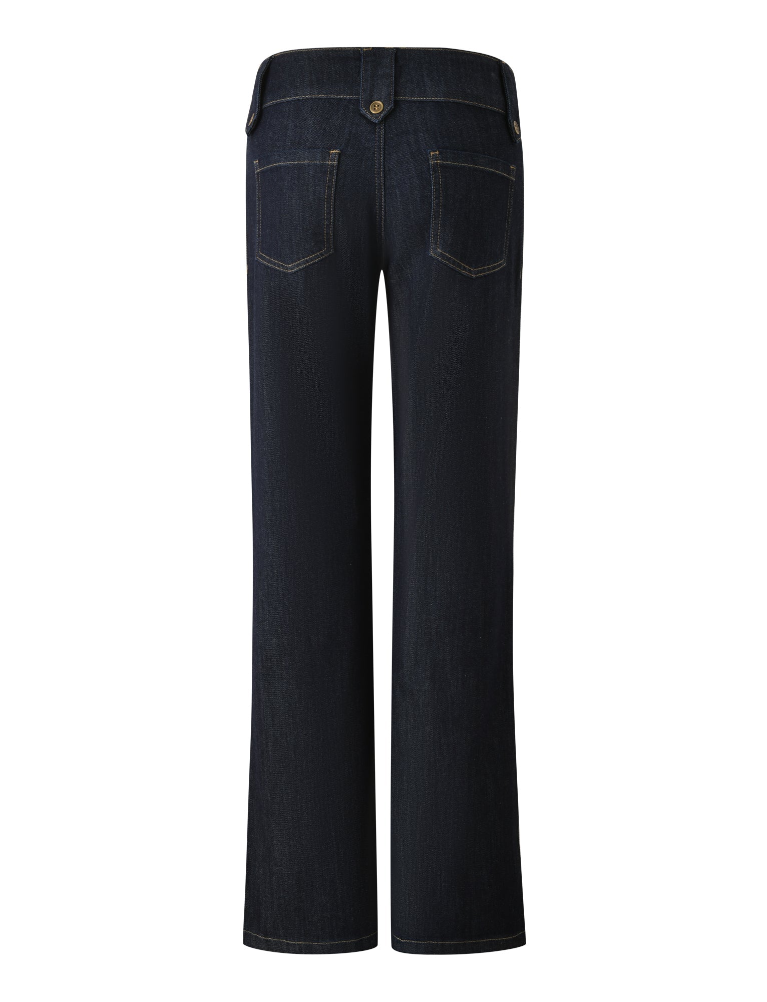 Back view of the TIGERMIST KITTIE DENIM PANT in dark wash, featuring two back pockets, a button and belt loops, with a low-rise waist and flared leg silhouette, displayed against a white background.